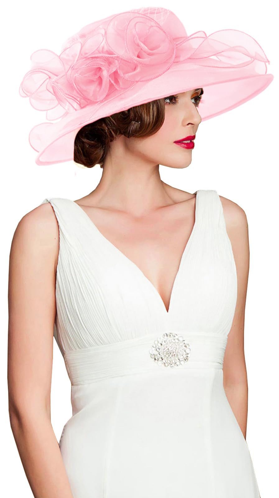 Bwecuy Sonnenhut Damenhut mit breiter Krempe, Blumen- und Blattdekor ideal für Hochzeit, Kirche und Tea Party