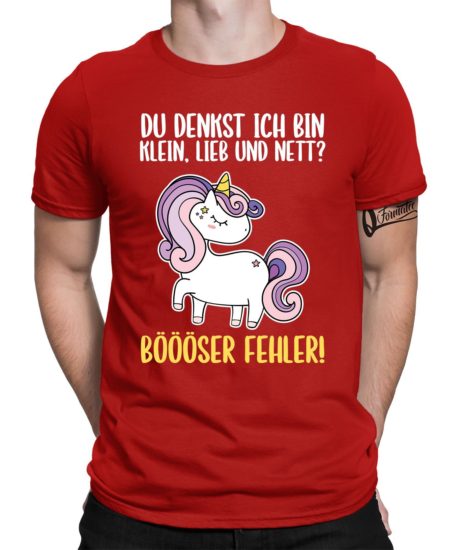 Quattro Formatee Kurzarmshirt Statement T-Shirt (1-tlg) Einhorn Fehler! Böser Herren Rot Spruch Lustiger 