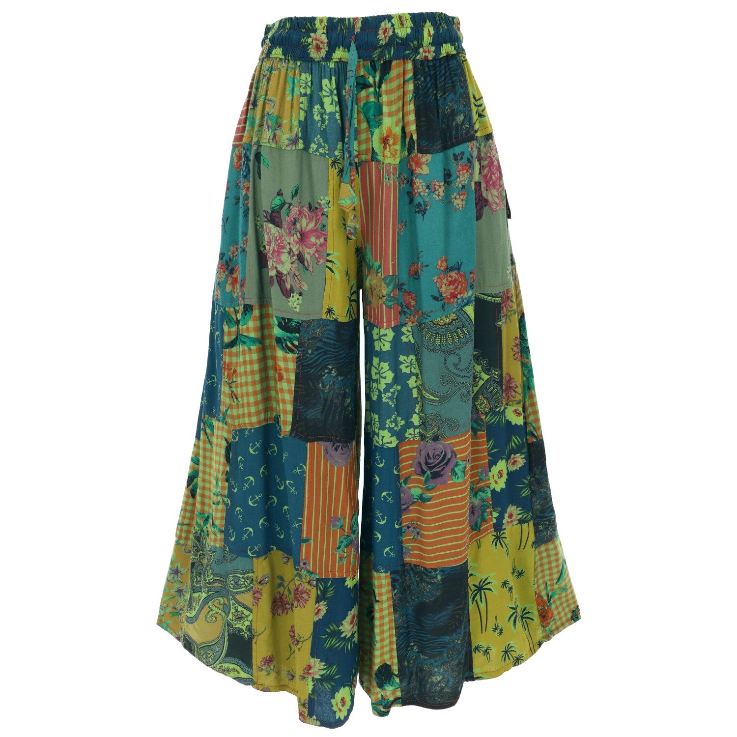 Relaxhose Patchwork Hose, weite Boho Sommerhose - grün