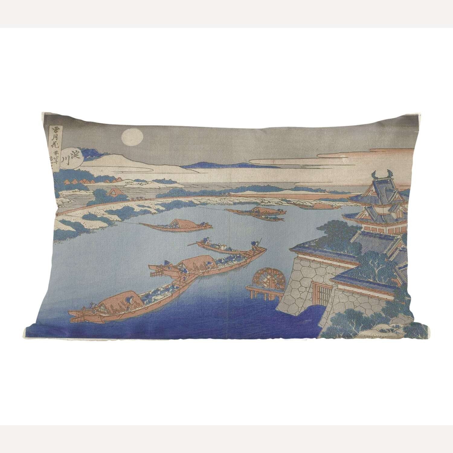 im Der Yodo - Zierkissen, Dekoration, Katsushika Schlafzimmer Hokusai, Fluss MuchoWow mit Mondlicht Wohzimmer von Füllung, Dekokissen Dekokissen Gemälde