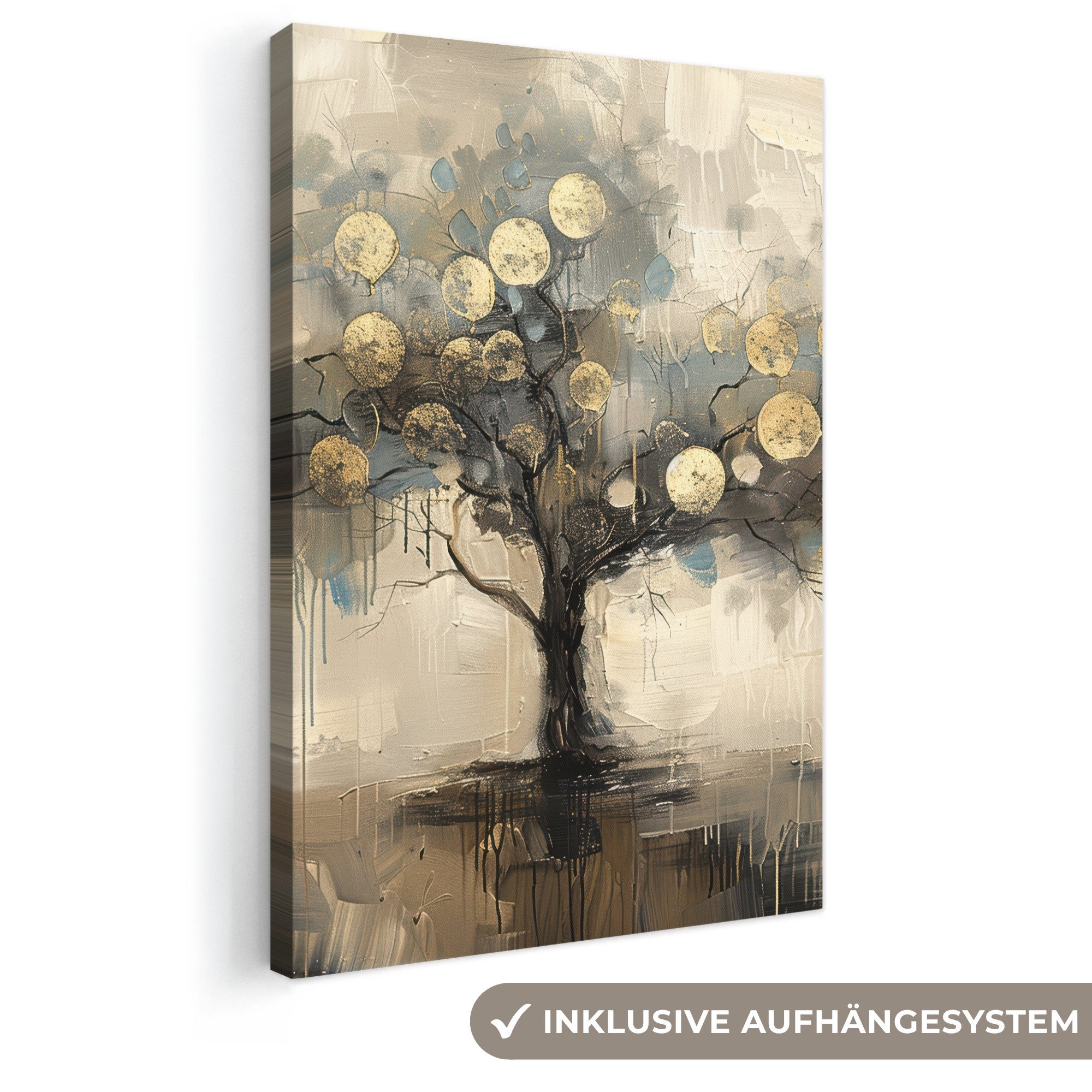 OneMillionCanvasses® Leinwandbild Beige - Abstrakt - Baum - Gold, Fotodruck (1 St), Leinwand Canvas Wandbild, Wanddekoration 20x30 cm