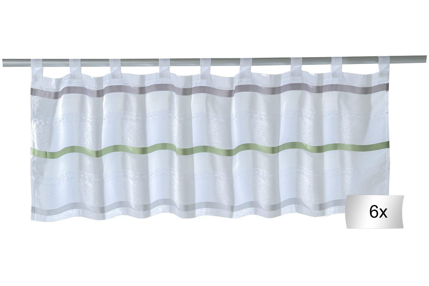 Home4You Gardine Kurzgardinen 6er Set, 140 x 45 cm, Weiß, Schlaufen, transparent, Polyester, mit bunten Streifen