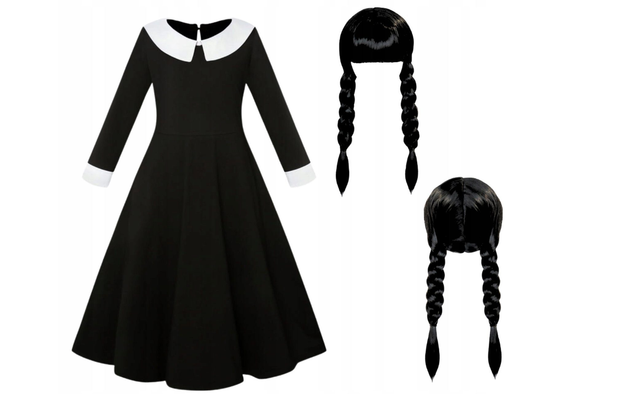 Festivalartikel Kostüm Wednesday Addams Kostüm Verkleidung Girl Schwarz Black Kleid + Perücke