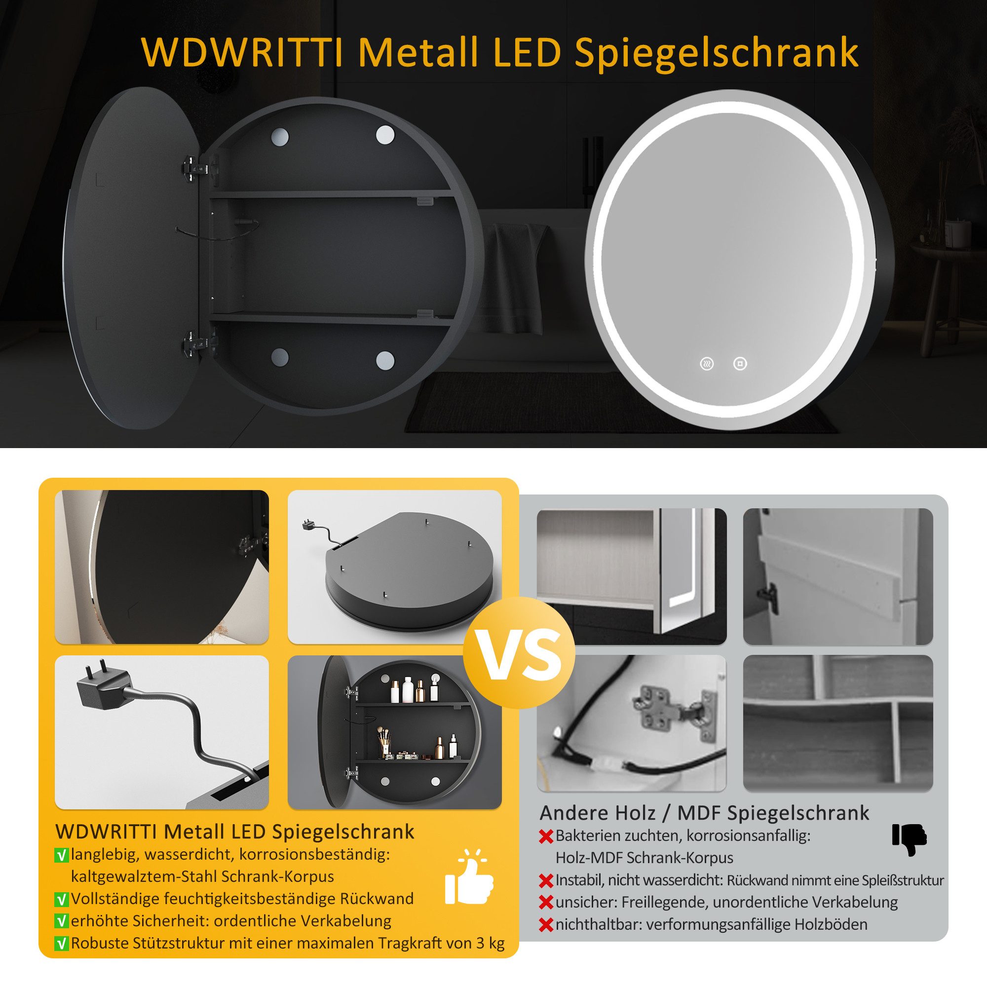 WDWRITTI Badezimmerspiegelschrank Rund 60 mit Beleuchtung Spiegelschrank Badezimmer 3Lichtmodi Dimmbar (Badschrank mit Spiegel Hängeschrank Schwarz, Anti-fog, Speicherfunktion) 4mm HD Spiegel, Stahlblechregale, mit Netzadapter, IP44