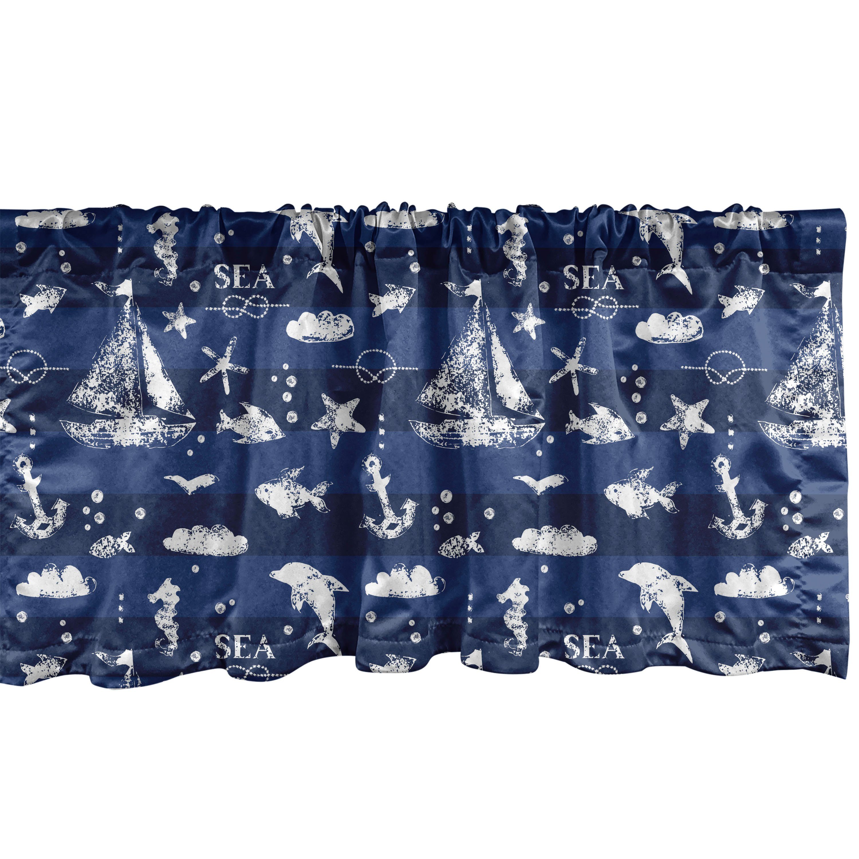 Scheibengardine Vorhang Volant für Küche Schlafzimmer Dekor mit Stangentasche, Abakuhaus, Microfaser, Navy blau Grunge Anchor Schiff