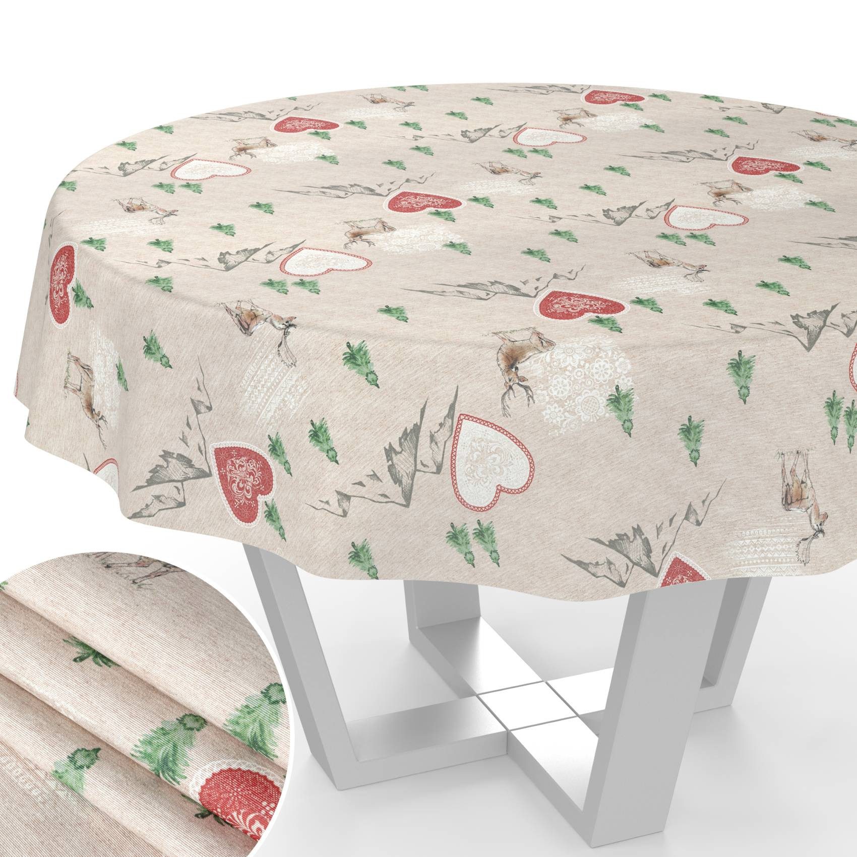 ANRO Tischdecke pflegeleicht Weihnachten Tischtuch Christmas Renntier Herz Tischwäsche (Einzelstück 1-tlg), Schutz-Beschichtung wasserabweisend Rund 100cm