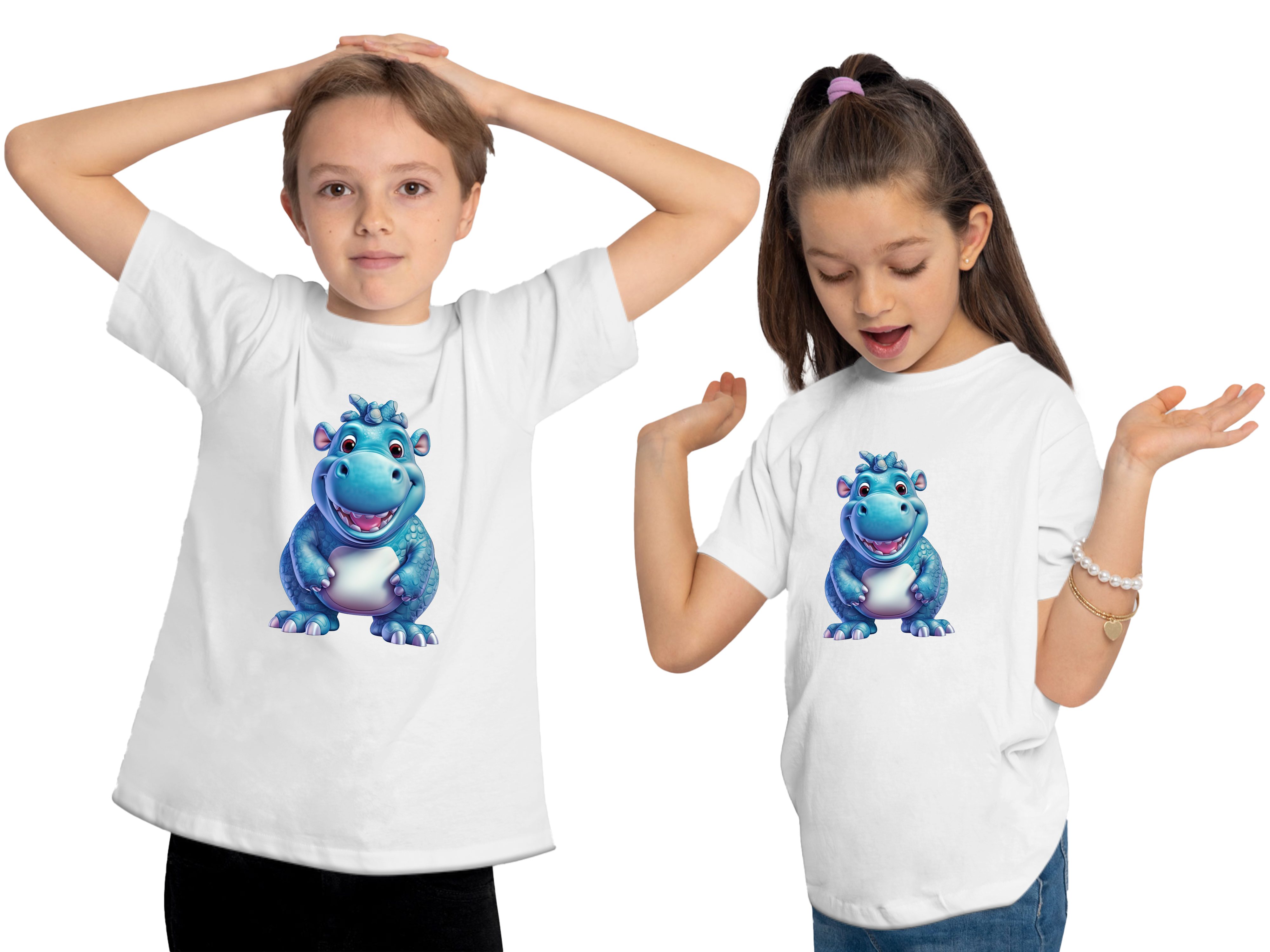 MyDesign24 Print bedruckt Wildtier - Nilpferd Baumwollshirt Shirt T-Shirt Aufdruck, Hippo Kinder Baby weiss i274 mit