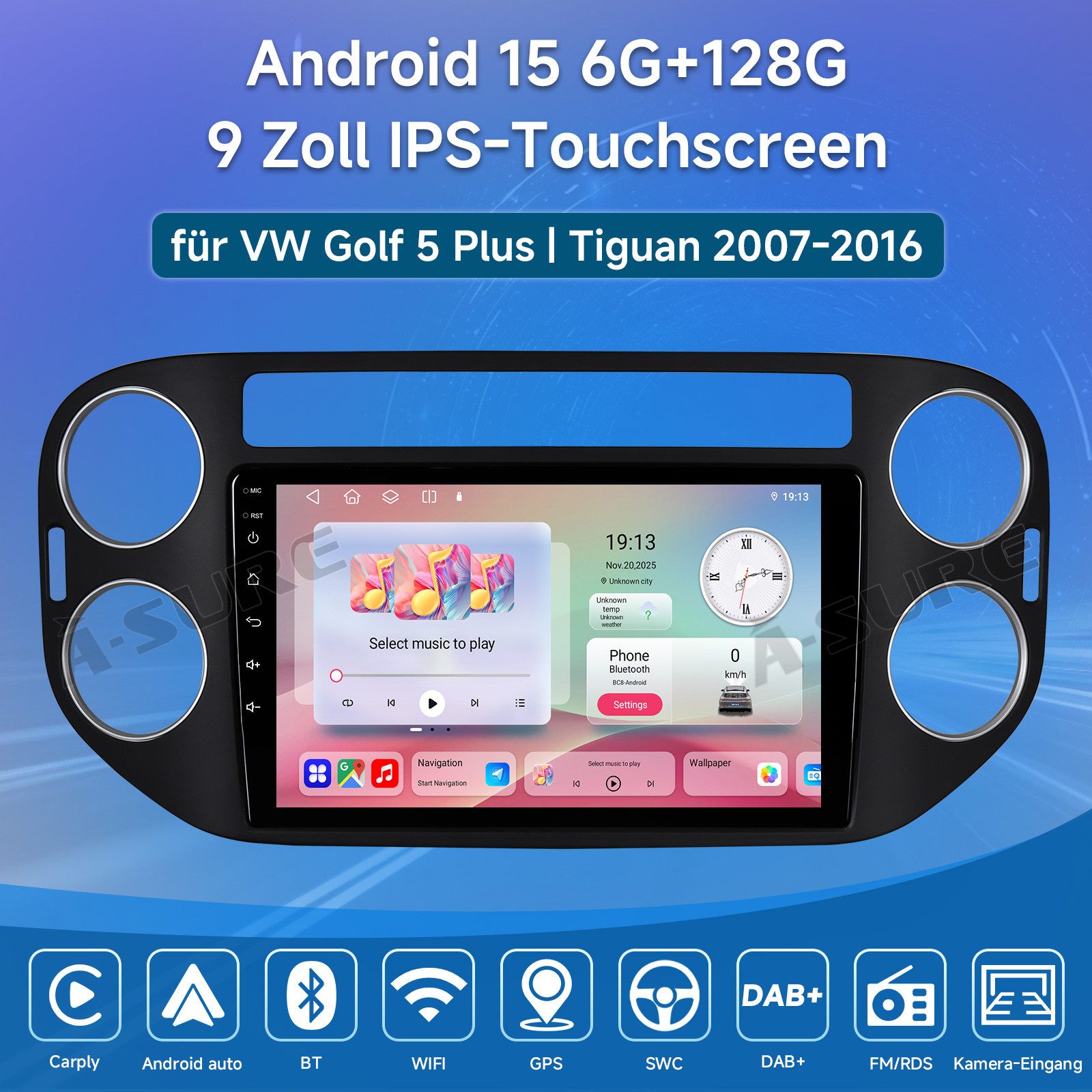 A-Sure 6+128GB 8-Core Android 15 Carplay Navi Für VW Tiguan 5N GOLF Plus Autoradio (DSP, BT 6.0, Digitalradio (DAB), 6+128GB, 8-Core)