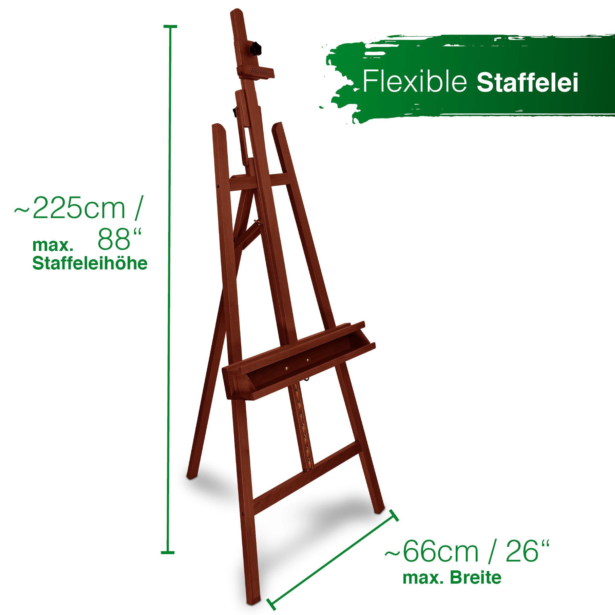 Artina Staffelei Staffelei Holz Groß Barcelona bis 120cm - 225cm verstellbar, Malstaffelei für Keilrahmen bis 120cm – 225cm verstellbar