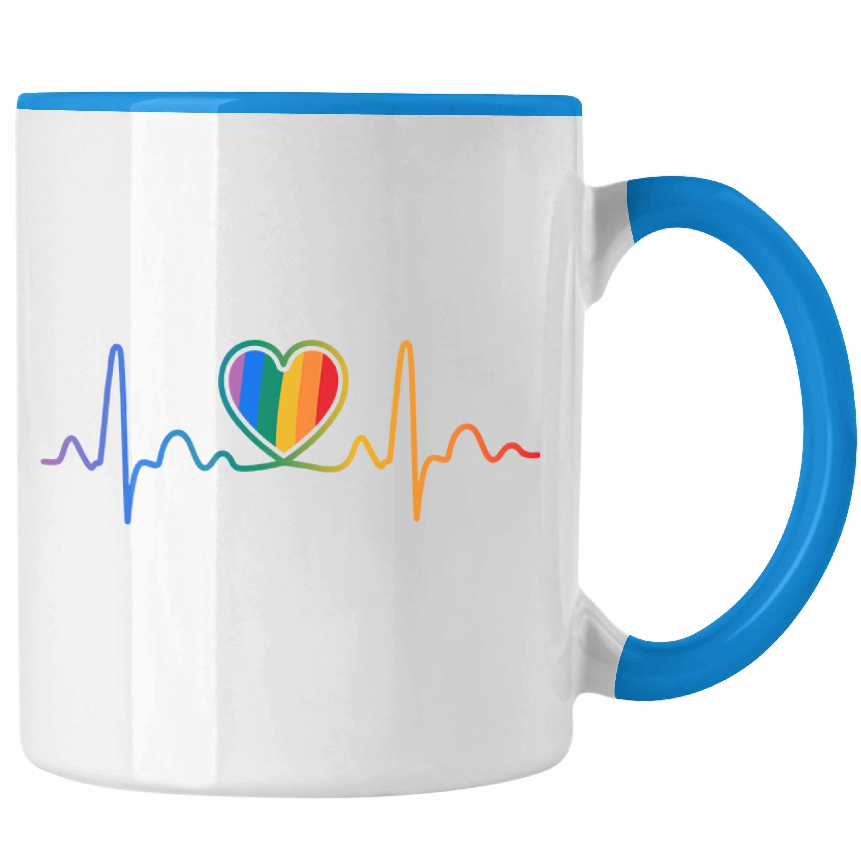 Trendation Tasse Trendation - LGBT Tasse Geschenk für Schwule Lesben Transgender Regenbogen Herzschlag Lustige Grafik Regenbogen Blau