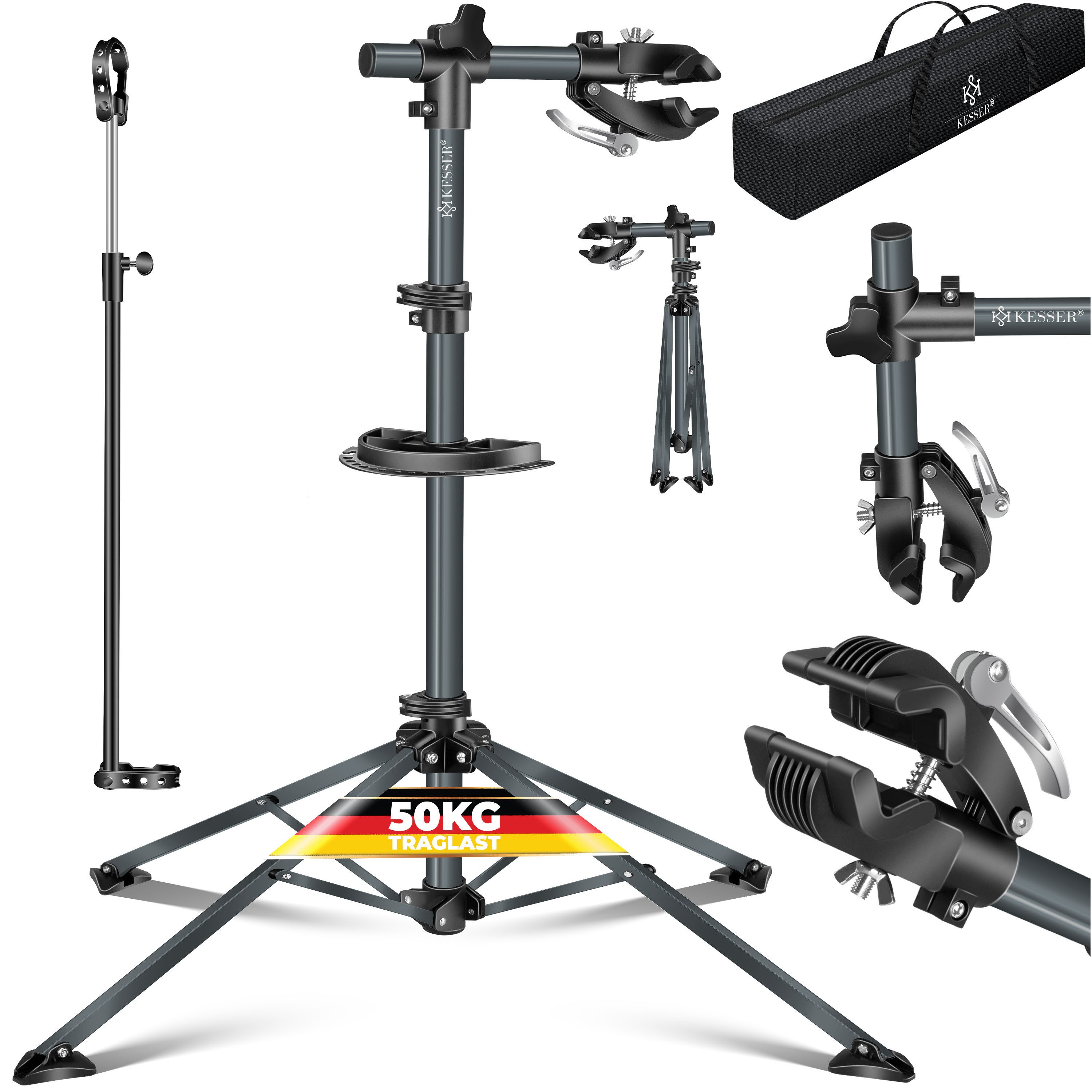 KESSER Fahrrad-Montageständer Profi Reparaturständer Fahrradständer bis 50kg Traglast, Fahrradmontageständer inkl. Tasche, Werkzeugschale & Magnetfach