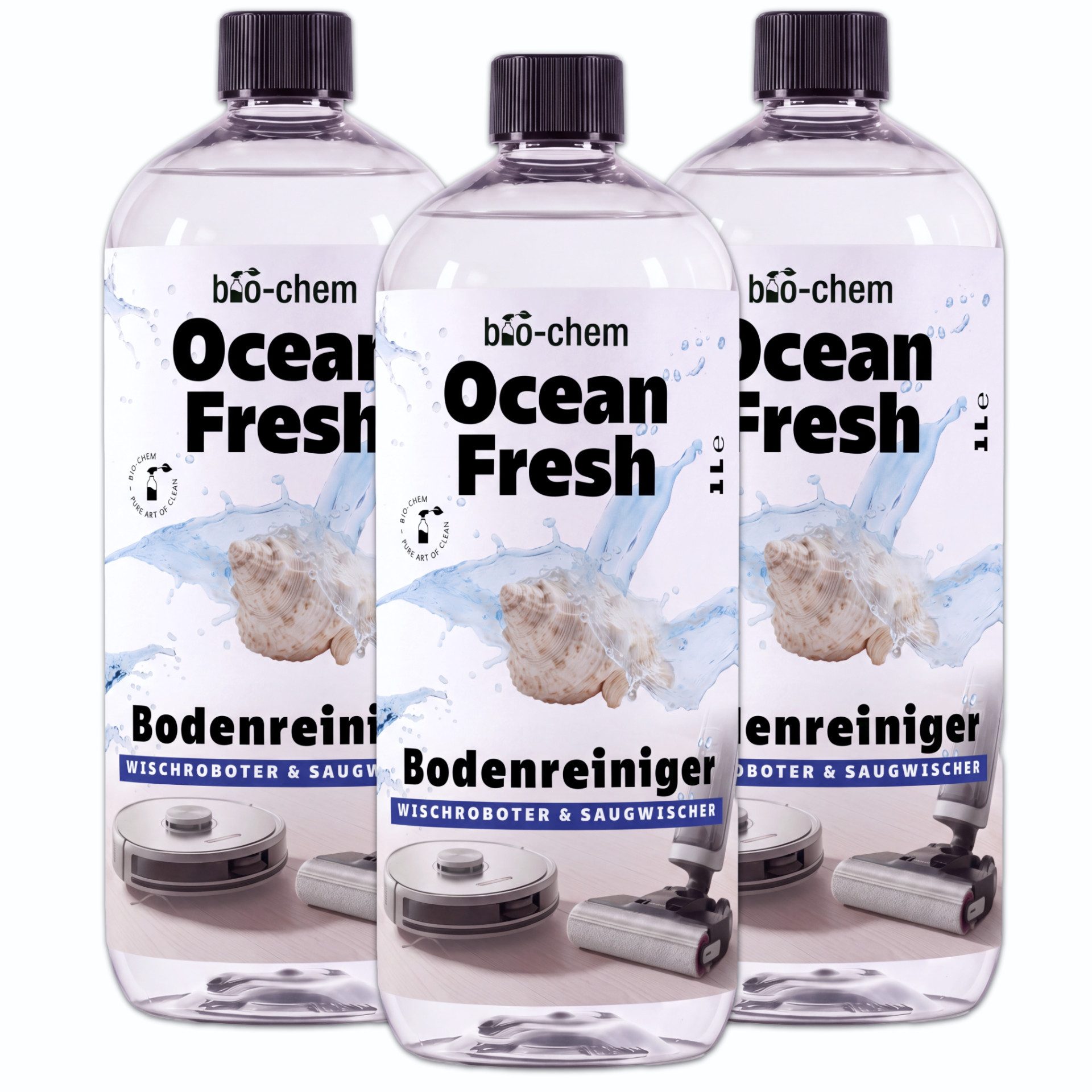 bio-chem Wischroboter Reinigungsmittel Saugwischer schaumarm 1 L Ocean Fresh Fussbodenreiniger (3-St. Bodenreiniger Zusatz 1 Liter je Flasche, Duft Ocean Fresh Premiumduft Ocean Fresh: maritime Klarheit)