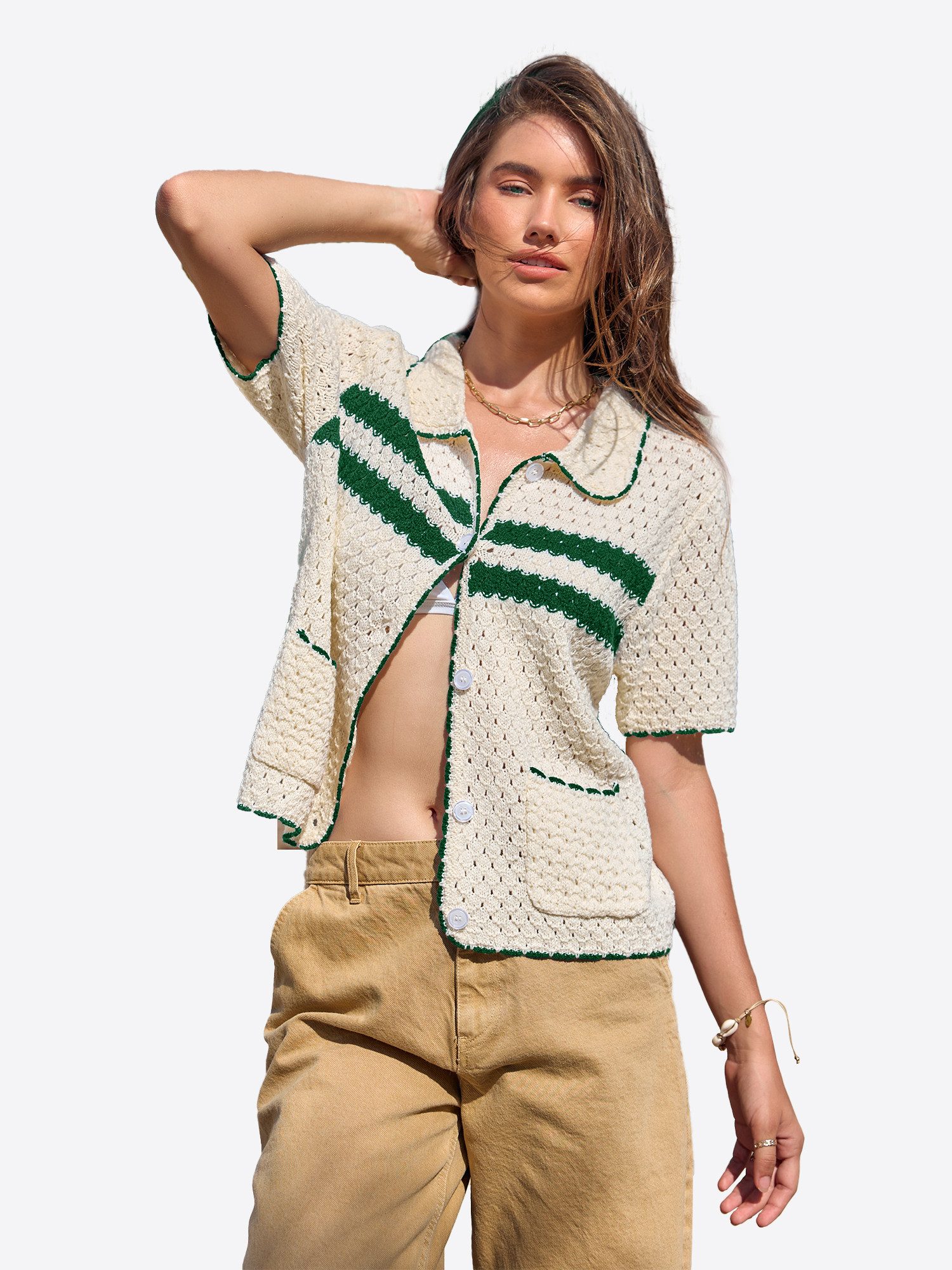 Imily Bela Cardigan Damen Kurzarm mit Lochmuster Polokragen und Kontraststreifen Sommer (Packung, 1-tlg., 1per-Pack) gehäkelt mit Spitze