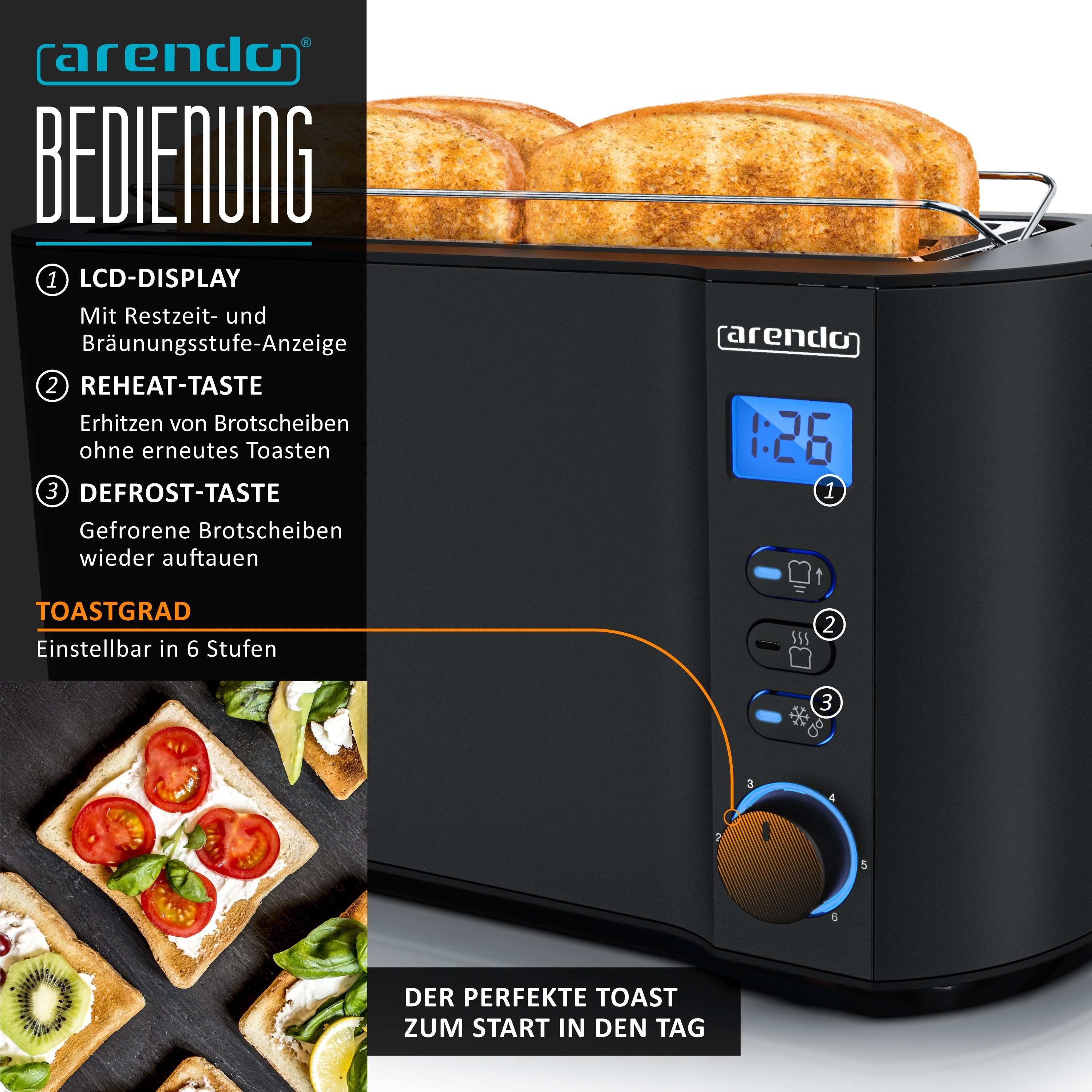 Arendo Frühstücks-Set Wasserkocher 1,5l, 4-Scheiben Toaster, 6er Eierkocher, Schwarz (3-tlg), Edelstahl, BPA-frei, GS-geprüfte Sicherheit, fürs Familienfrühstüc – Bild 5 von 5