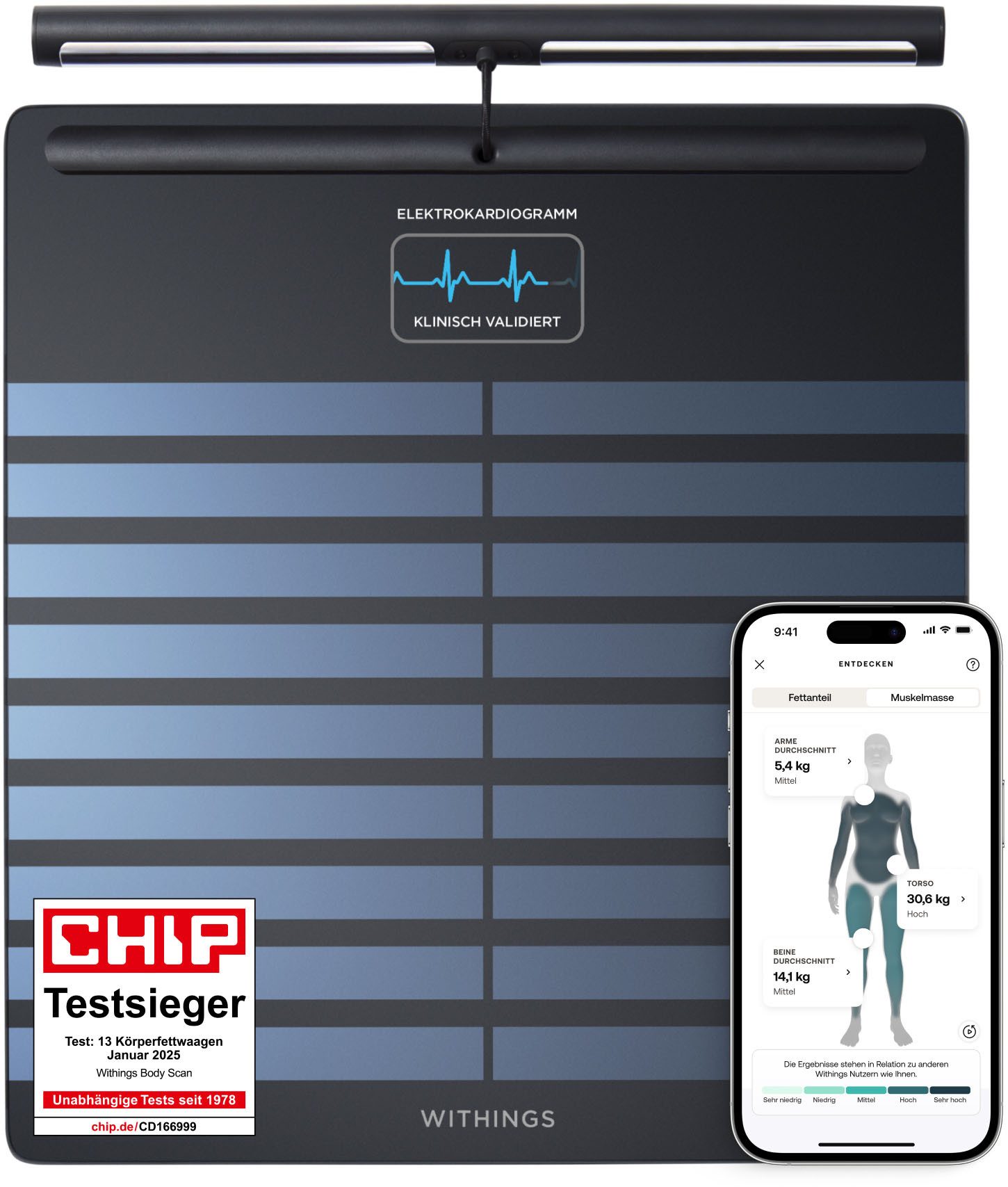 Withings Körper-Analyse-Waage Body Scan, mit integriertem 6-Kanal-Elektrokardiogramm (EKG)