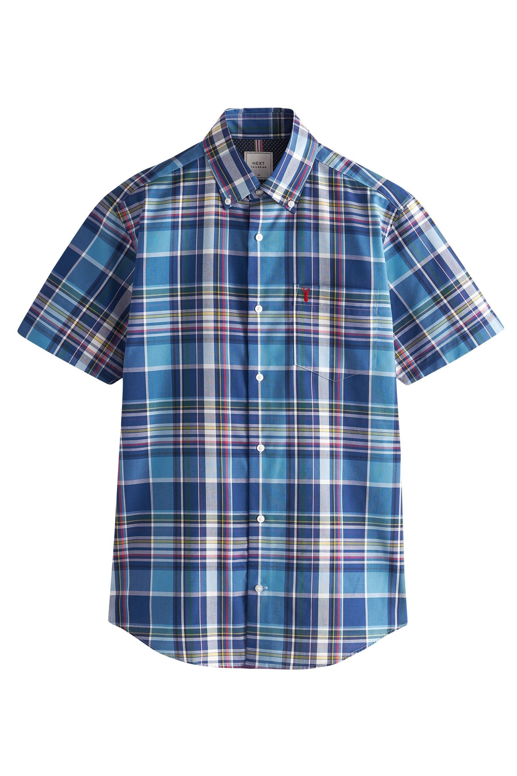(1-tlg) Next Regular Kurzarmhemd Check Bügelleichtes Blue Fit Kurzarm-Oxfordhemd