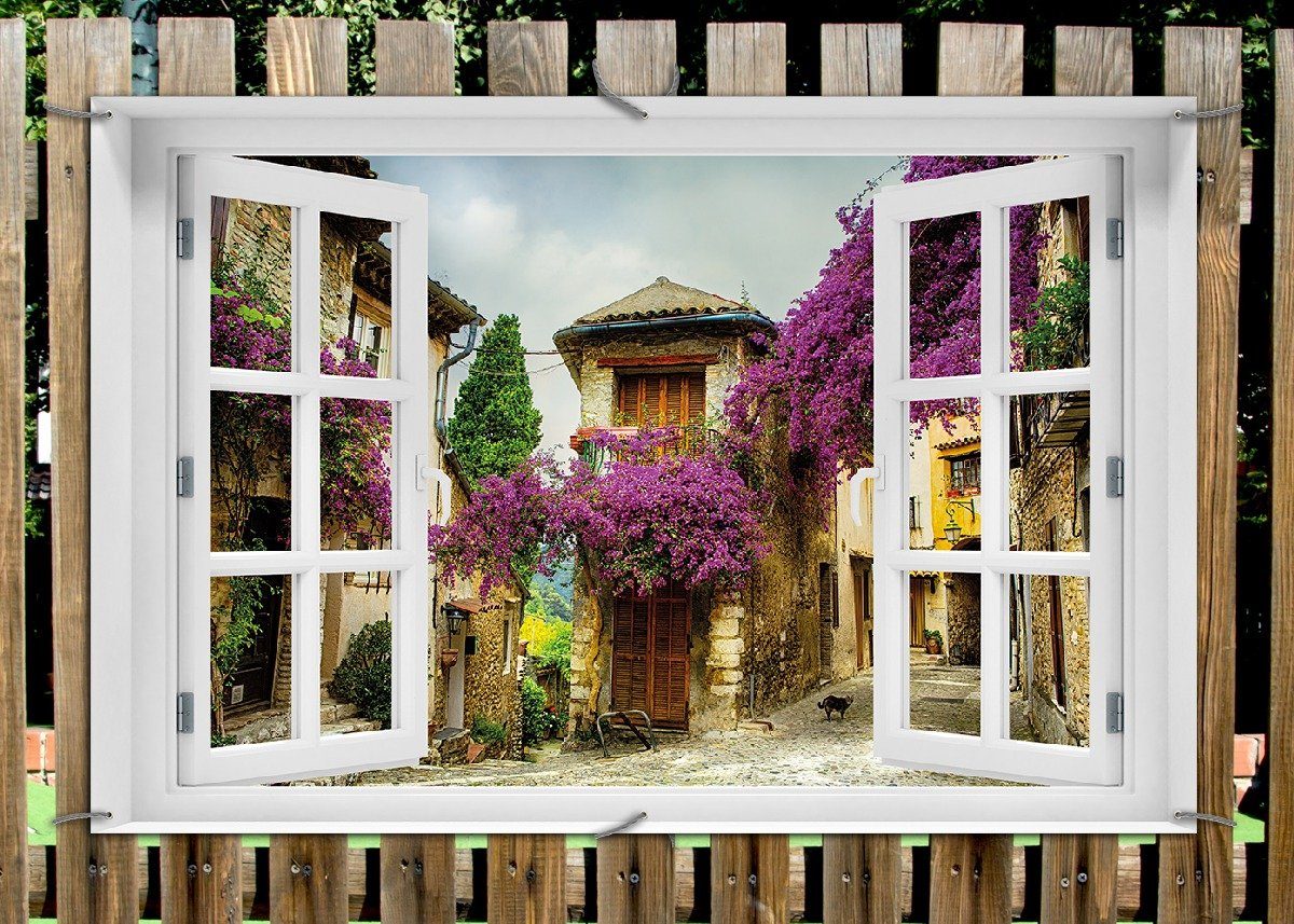 Thumbnail - Wallario Sichtschutzzaunmatten Malerische Stadt in der Provence mit bunten Blumen, mit Fenster-Illusion