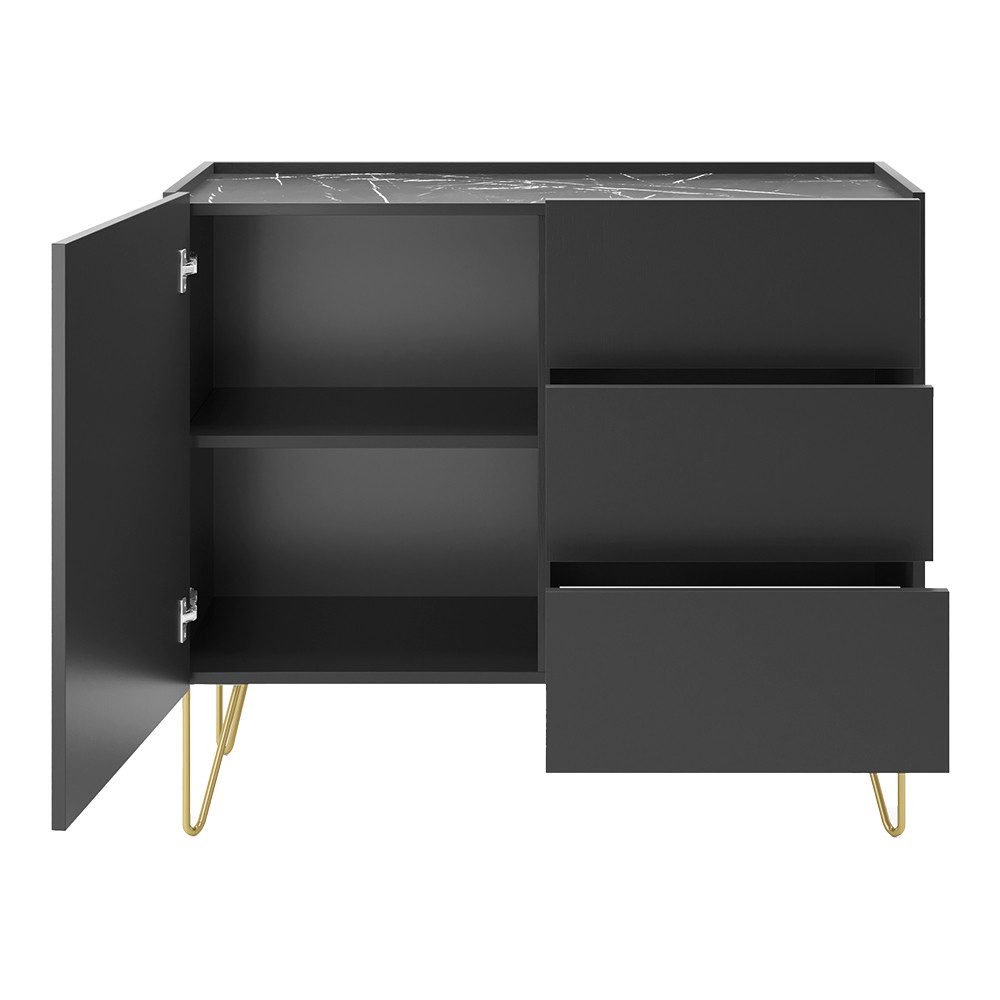 Lomadox Sideboard HERMOSILLO-160, Kommode Anrichte, graphit, Oberboden mit Marmoroptik, 97cm breit