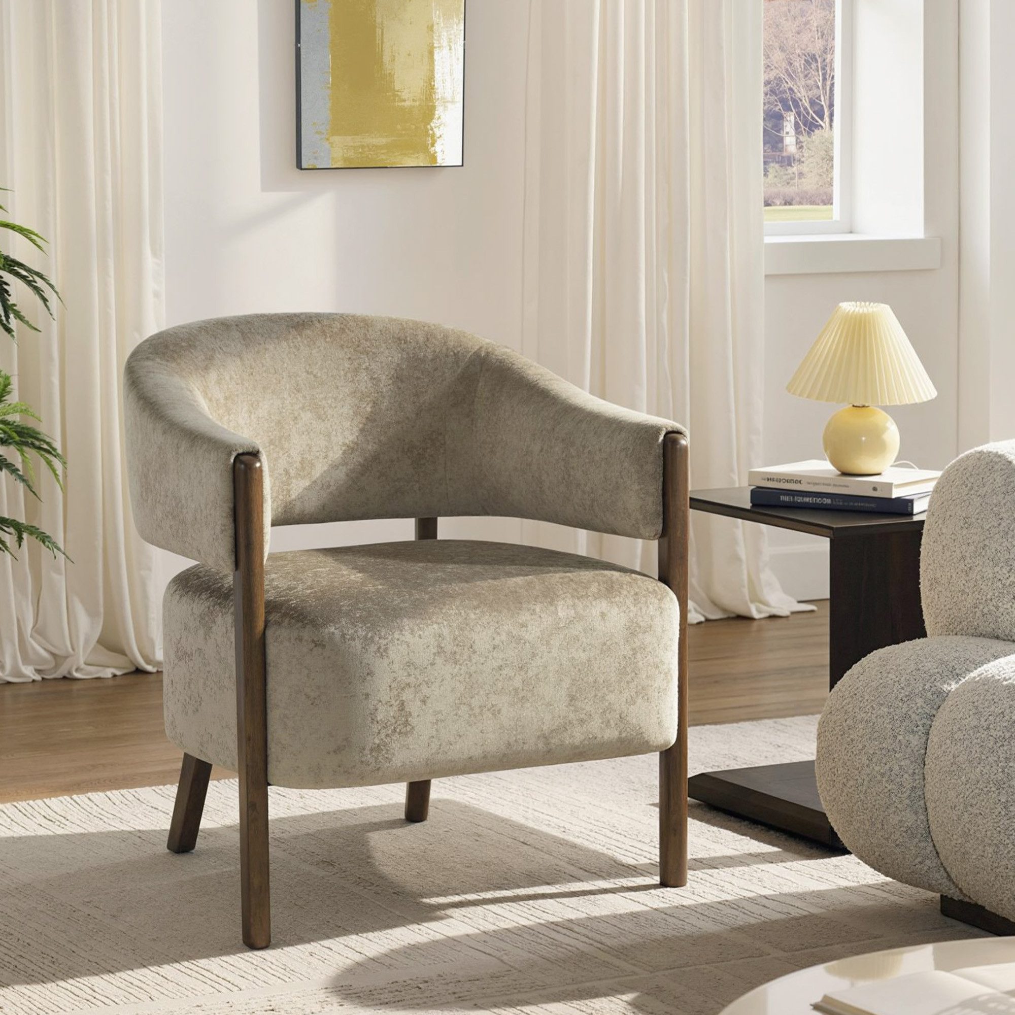 HOMCOM Relaxsessel Loungesessel, Polsterstuhl, für Wohnzimmer, Hellbraun (Schminkstuhl, 1-St., Armlehnstuhl), Eleganter Chenille-Stoff, Massivholzbeine von HOMCOM