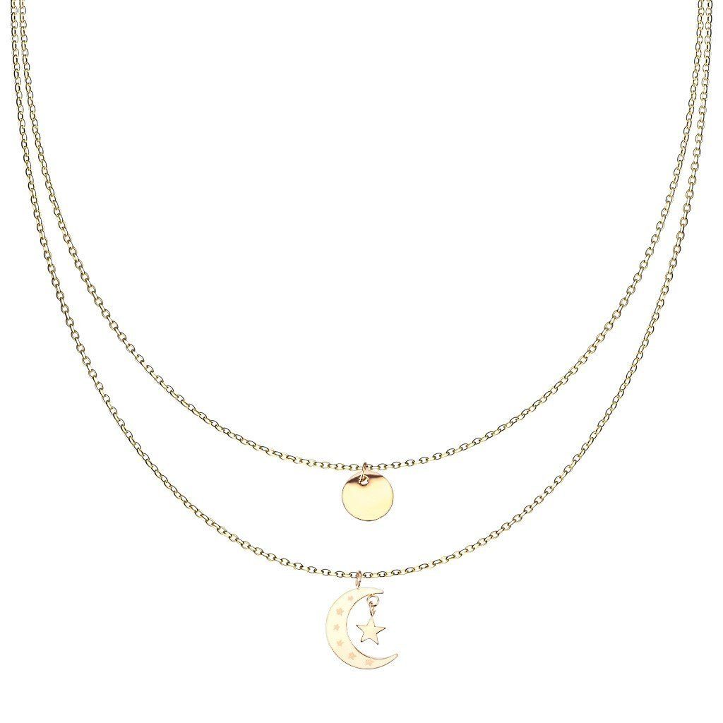 BUNGSA Goldkette Kette Doppelkette Plättchen, Mond und Sterne gold aus Edelstahl Damen (1-tlg), Halskette Necklace