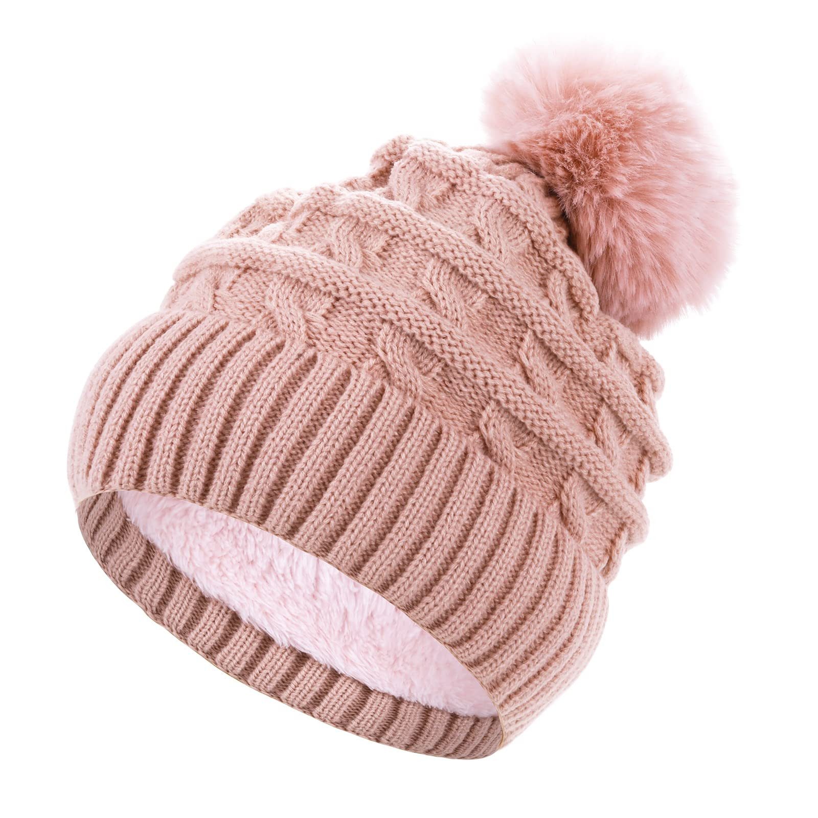 Cachito Bommelmütze Damen Wintermütze, Thermo-Fleece-gefütterte Mütze, Strickmütze Wollmützen mit Kunstfell-Bommel