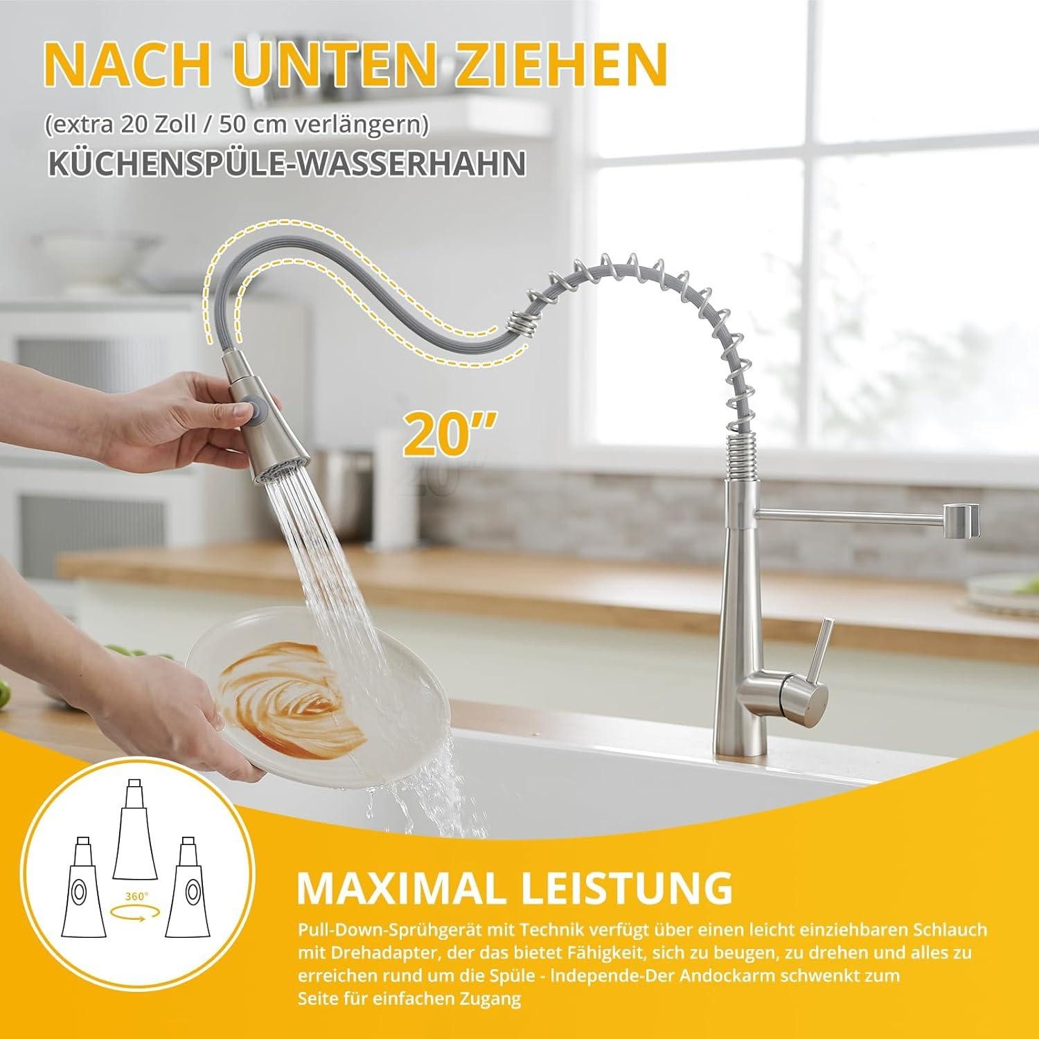 Thumbnail - LuxusKollektion Küchenarmatur Wasserhahn Küche mit herausziehbarer Brause Gebürstetes Nickel