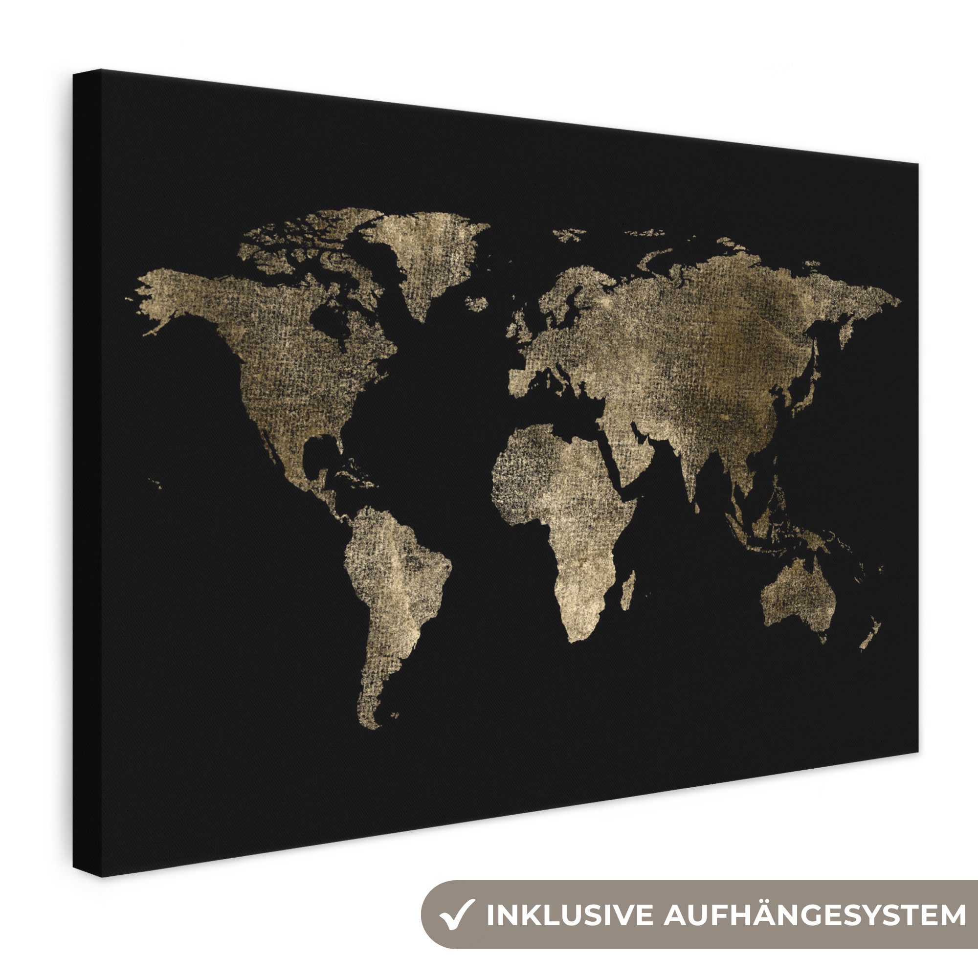 OneMillionCanvasses® Leinwandbild Weltkarte - Gold - Schwarz - Erde - Luxus, Fotodruck (1 St), Leinwand Bilder Klein, Wand Dekoration Aesthetic 30x20 cm