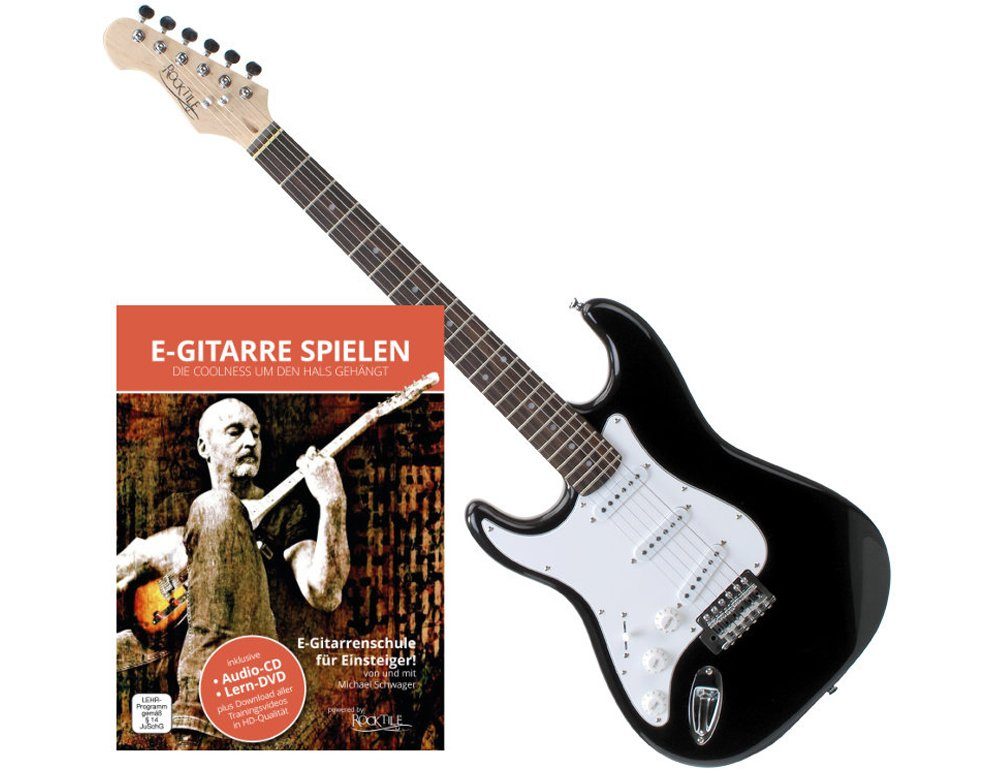 Rocktile E-Gitarre Pro ST3-L linkshänder elektrische Gitarre, ST-Sytle, Spar-Set, inkl. Gitarren-Schule, Lefty Gitarre - 3 Single Coil Tonabnehmer - 22 Bünde