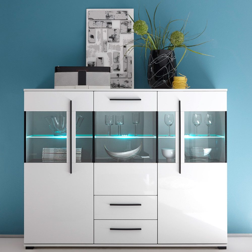 Lomadox Highboard COLORADO-61, Modernes in weiß Hochglanz inkl. LED und Grauglas BxHxT: 160x126x42cm