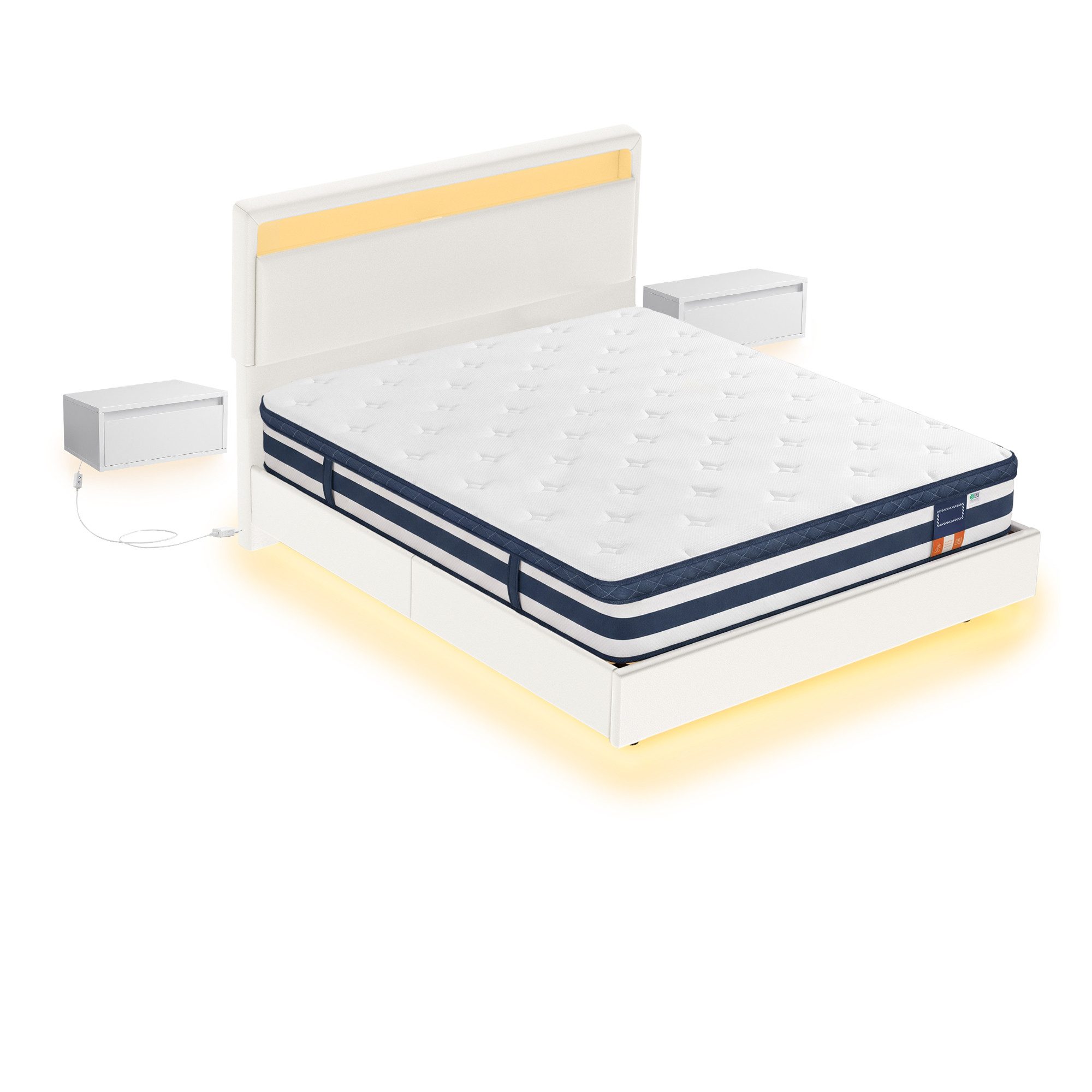 VASAGLE Polsterbett Bettgestell, Doppelbettgestell, Bett mit LED-Beleuchtung, wolkenweiß