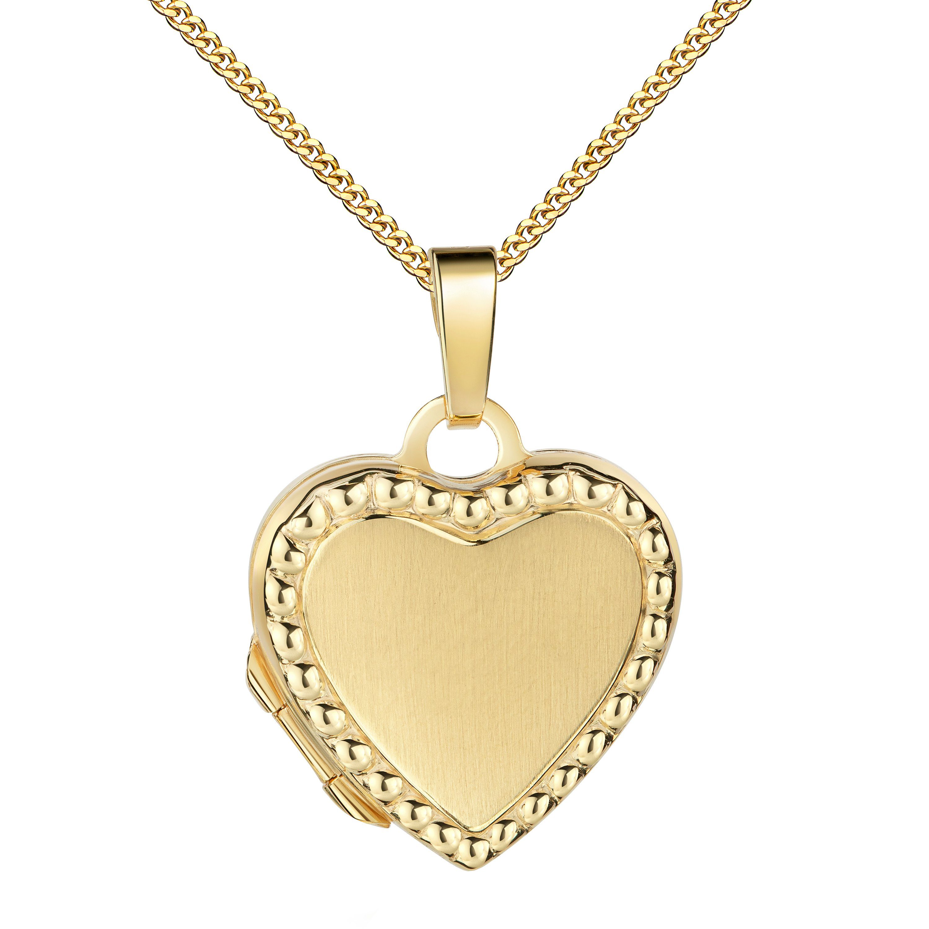 JEVELION Amulett Herz goldenes Medaillon Gold 585 zum Öffnen für Bildeinlage 2 Bilder (Goldanhänger, für Damen und Mädchen), Mit Kette vergoldet - Länge wählbar 36 - 70 cm oder ohne Kette.