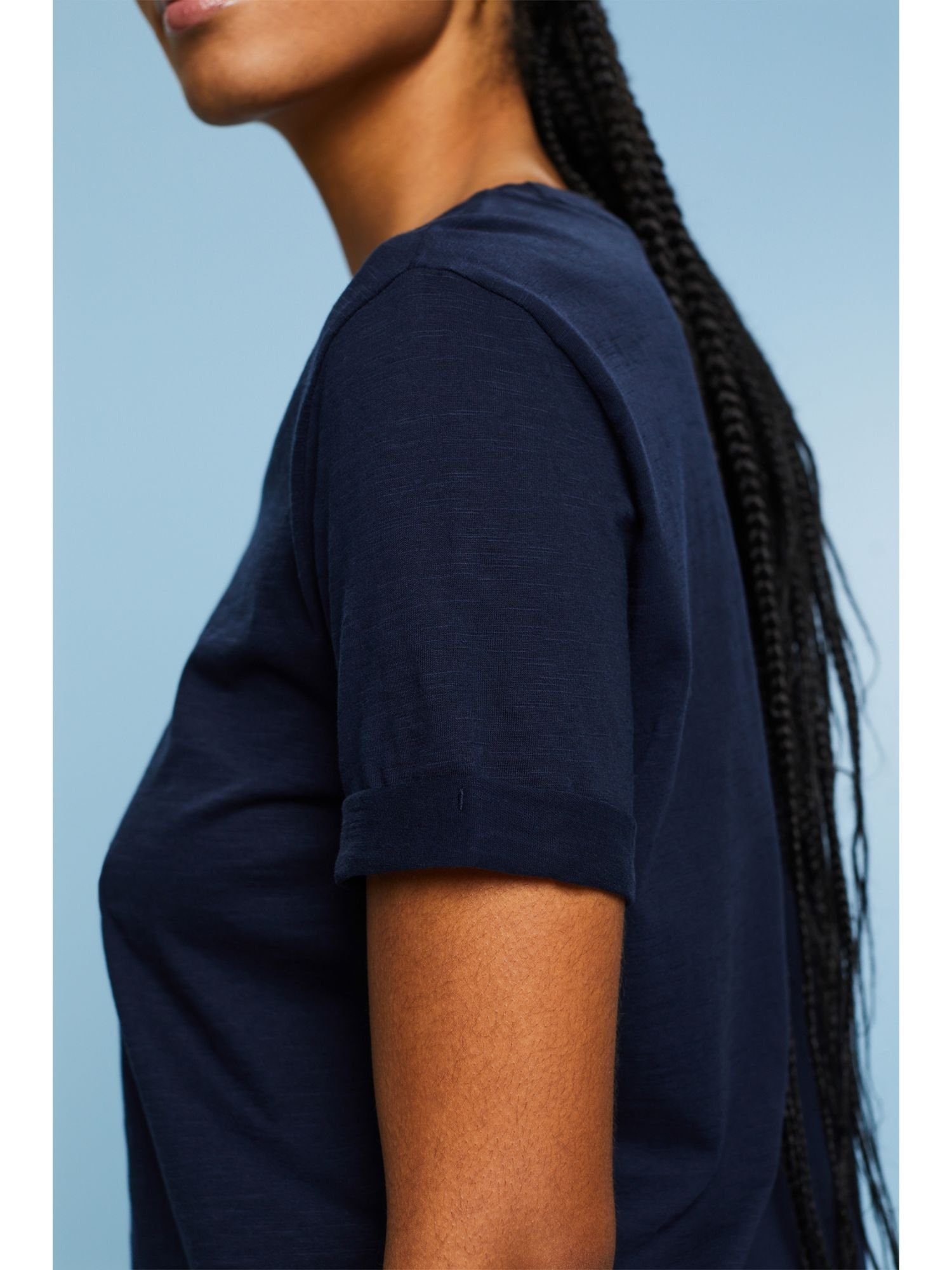 U-Ausschnitt mit T-Shirt und Esprit NAVY T-Shirt Slub-Struktur (1-tlg)