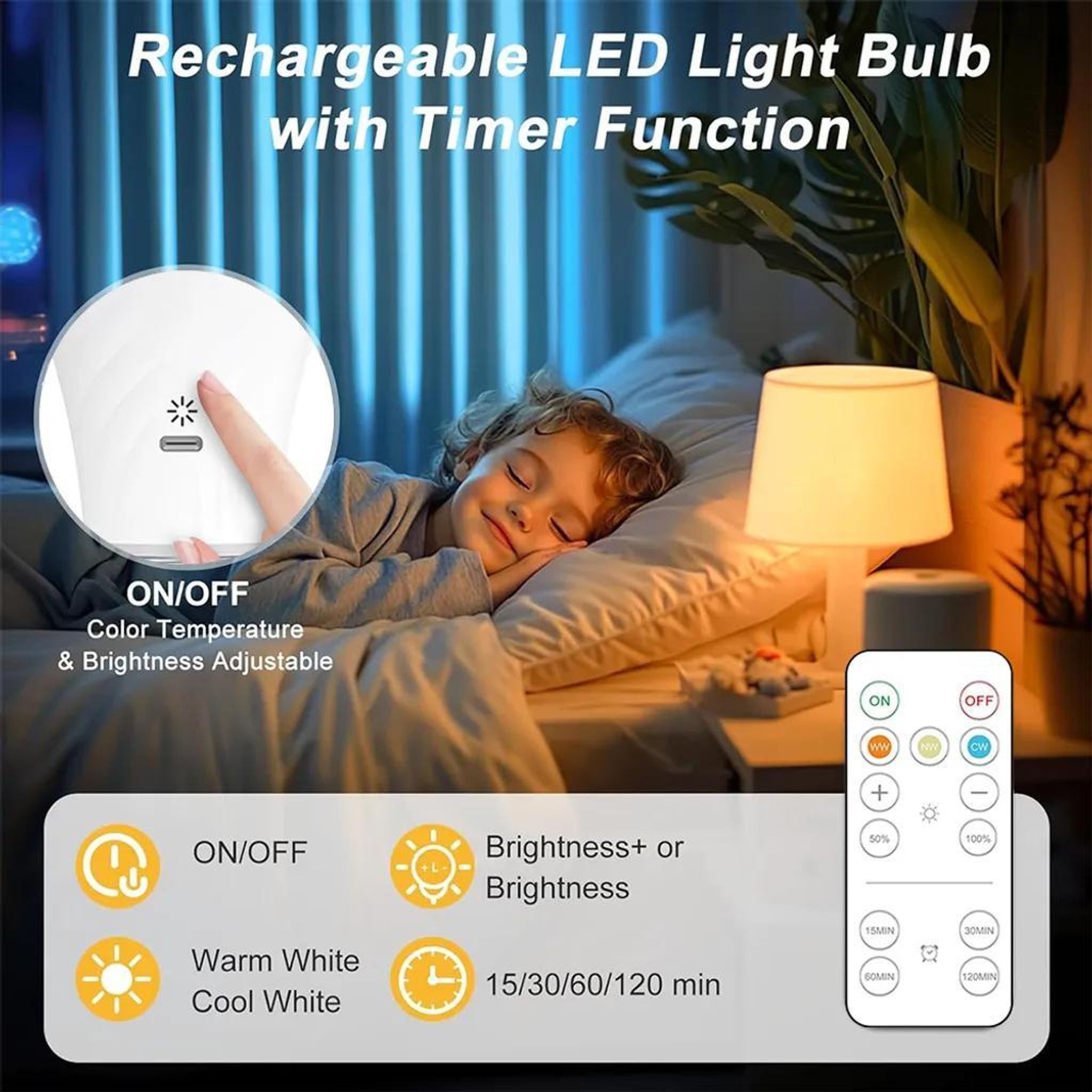 FELIXLEO Außen-Tischleuchte 2er LED Glühbirne 2600mAh USB Rechargeable Fernbedienung E27 Haken – Bild 5 von 5