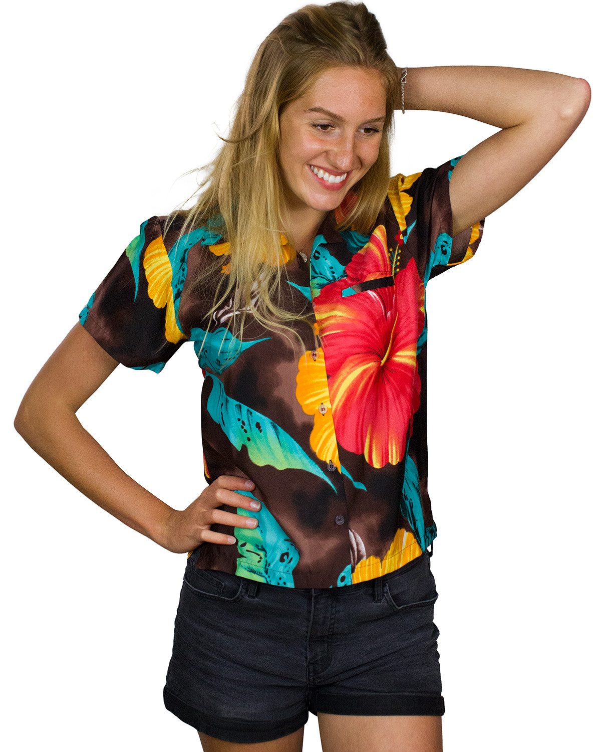 King Kameha Hawaiihemd Big Flower Funky Hawaiibluse Damen Kurzarm Front-Tasche Stylish – Bild 4 von 5