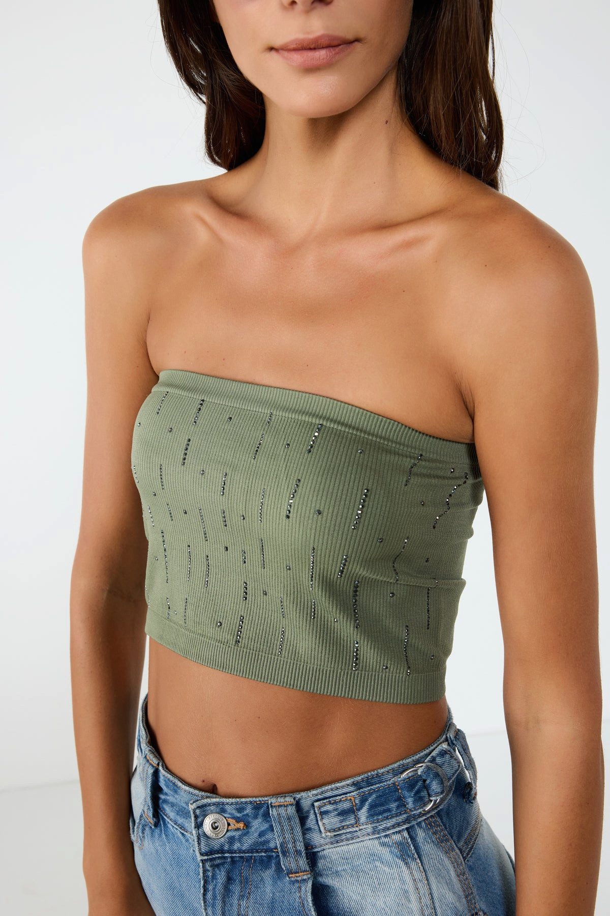 No Matter What Blusentop Nahtloses, trägerloses Crop-Top mit Steinverzierungen