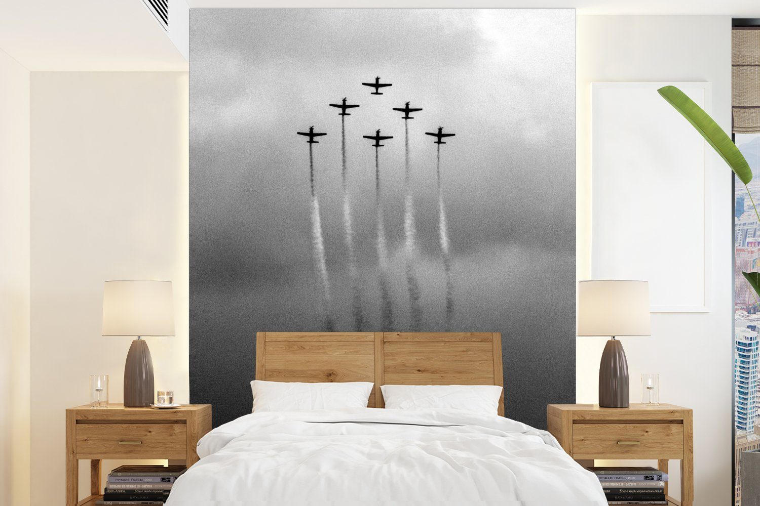 MuchoWow Fototapete Vintage - Flugzeug - Himmel - Wolken - Schwarz und weiß, Matt, bedruckt, (4 St), Montagefertig Vinyl Tapete für Wohnzimmer, Wandtapete