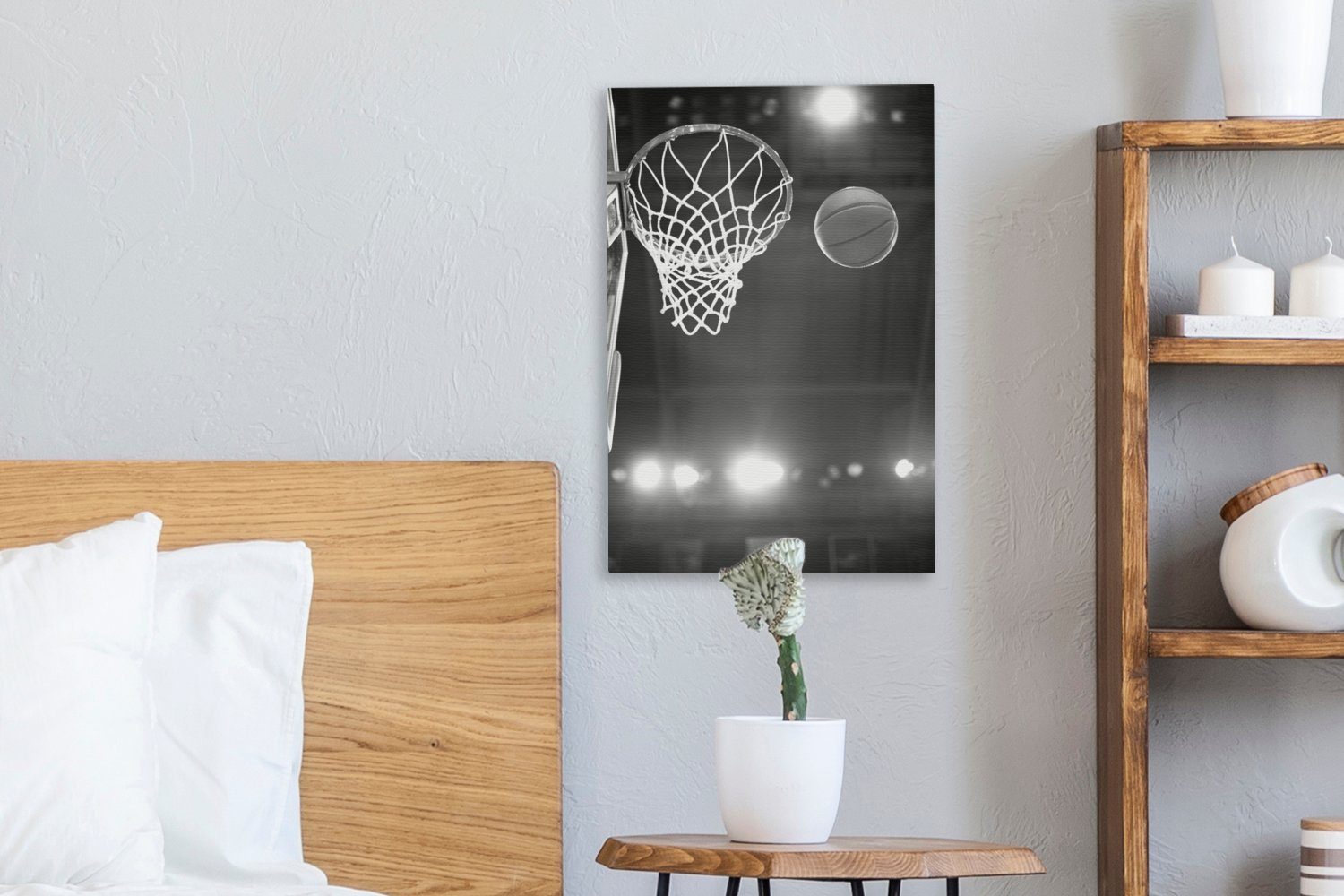 Zackenaufhänger, Korb Der 20x30 fertig Leinwandbild Basketball cm Gemälde, weiß, St), Leinwandbild bespannt und schwarz inkl. in (1 - Richtung OneMillionCanvasses® geht