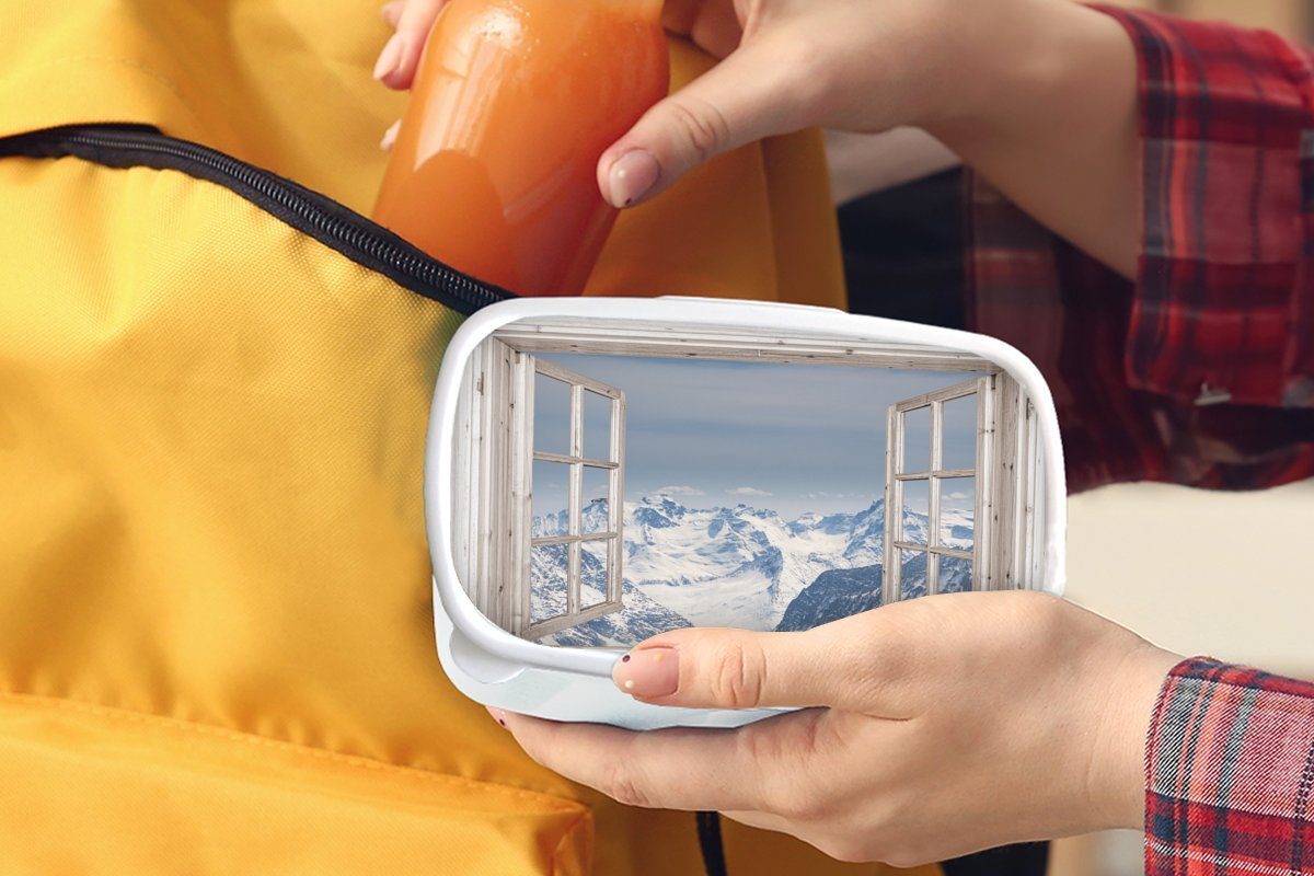 Lunchbox Kinder Aussicht Mädchen - Jungs Schnee, für und Kunststoff, Brotdose, Erwachsene, - weiß (2-tlg), Berg und für Brotbox MuchoWow