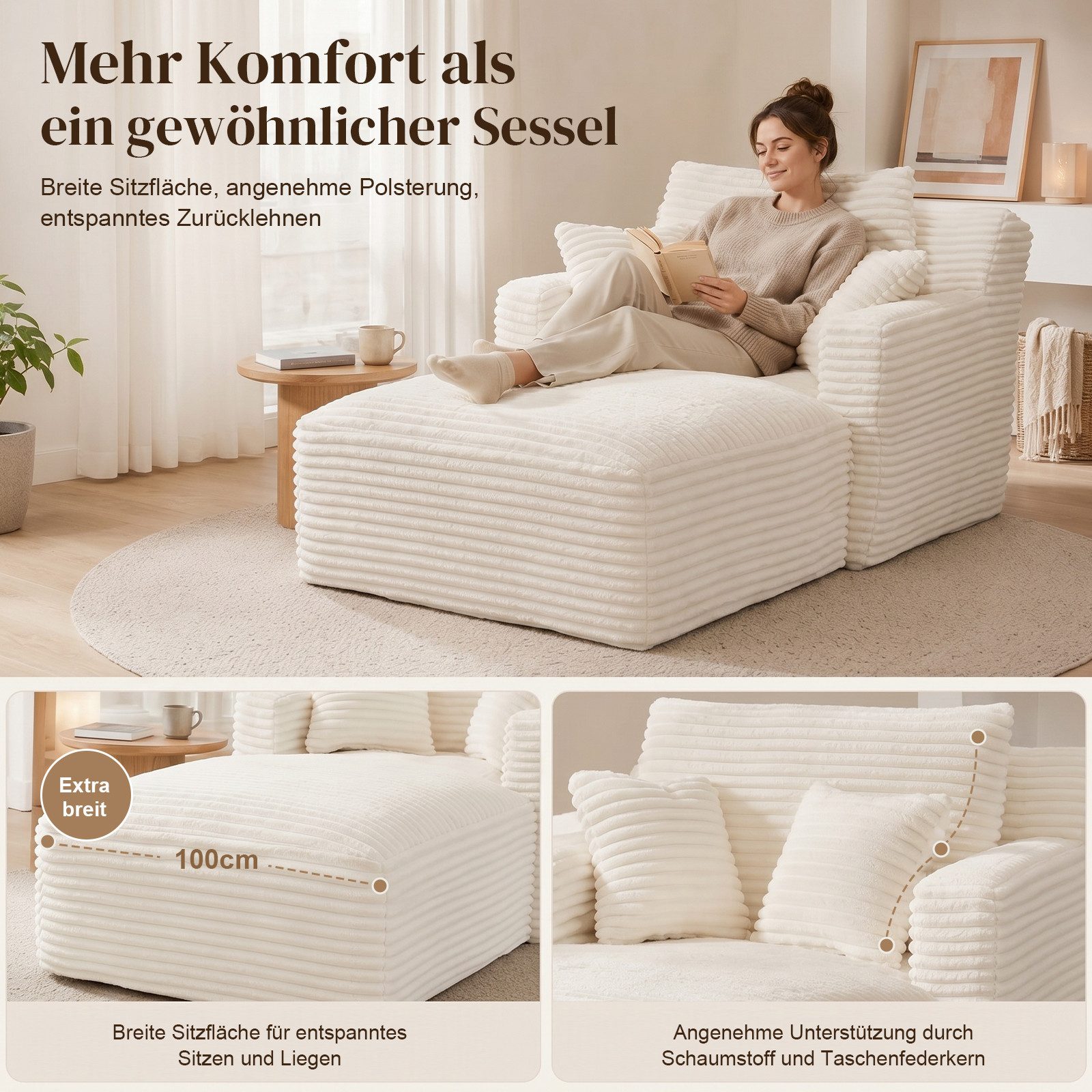 ANYSUN Loungesofa Modernes Chaiselongue-Sofa,Cord-Schlafsofa, 2 Kissen,Relaxsessel Cord, ohne Montage mit Taschenfederkern & Schaumstoffpolsterung,Loungesofa, Lesesessel bequem, fur Wohnzimmer, Büro & Wohnung,Apartment