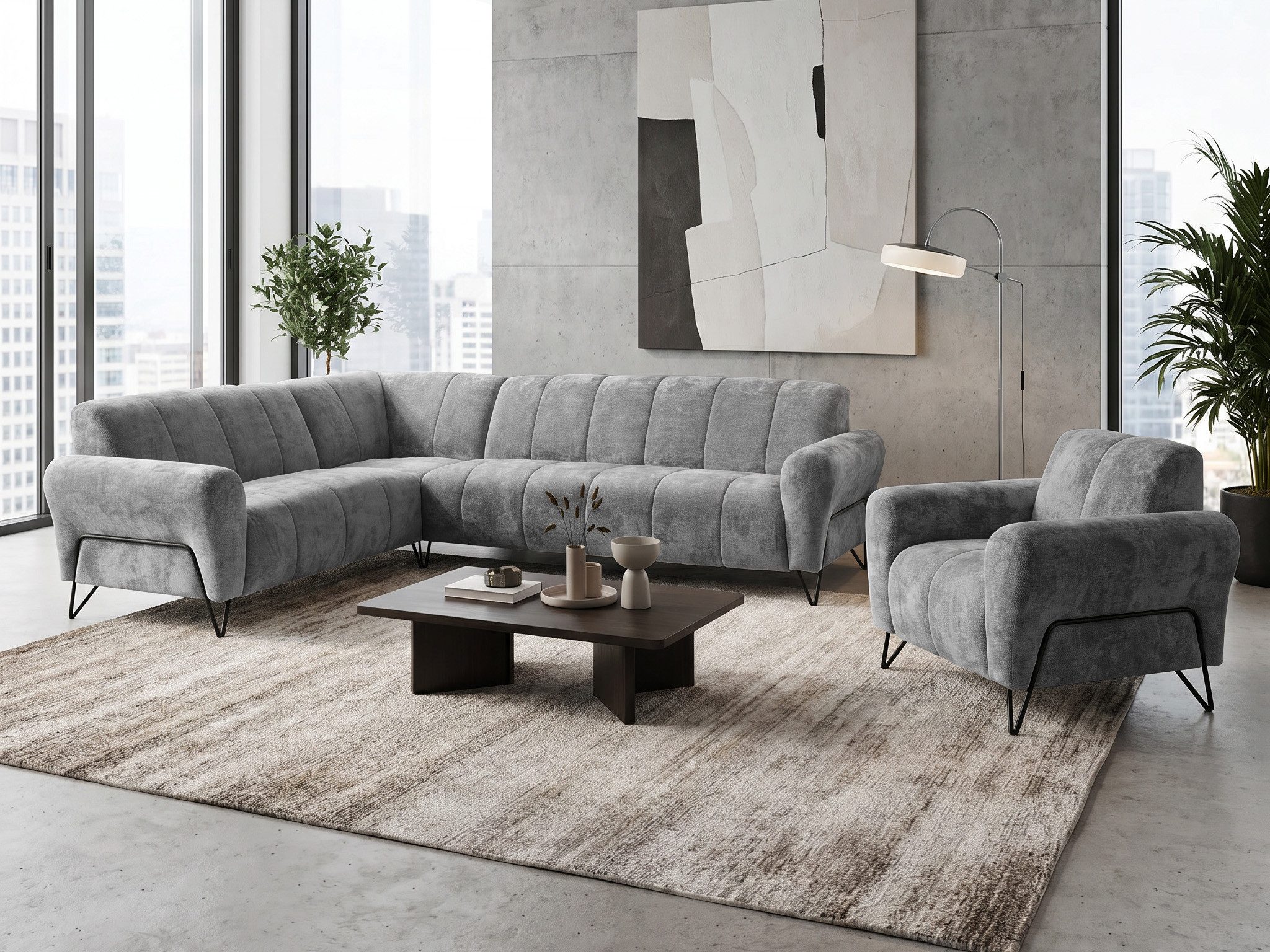 Beautysofa Polstergarnitur im modernen Stil auf hohen Metallbeinen VOLARE, (Sofagarnitur aus Chenille-Stoff, Beige Grau, Ecksofa L + Sessel Set moderne Couchgarnitur), HR-Schaum, Wellenfederung, freistehend