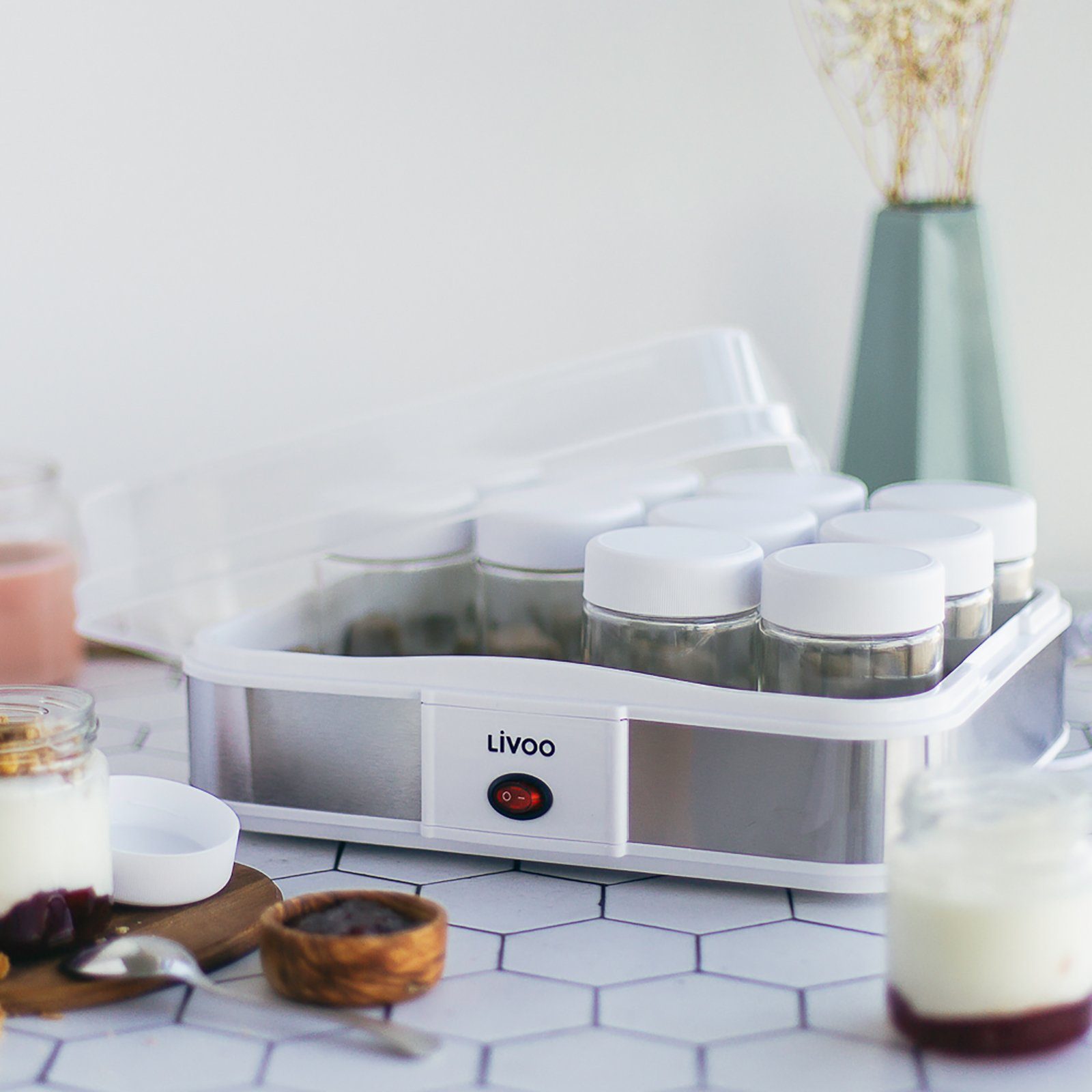 Frischkäsezubereiter Joghurtautomat Joghurt- LIVOO 12 LIVOO und Gläser Küchenmaschine