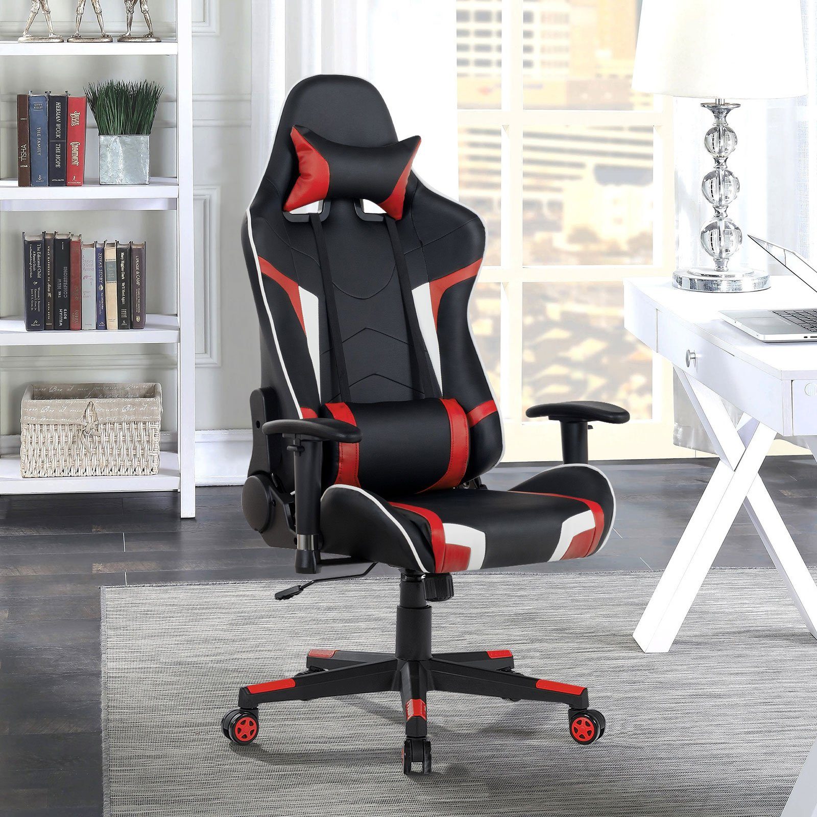 COSTWAY Gaming-Stuhl, mit Lendenkissen, Kopfstütze & verstellbaren Armlehnen schwarz, rot, weiß