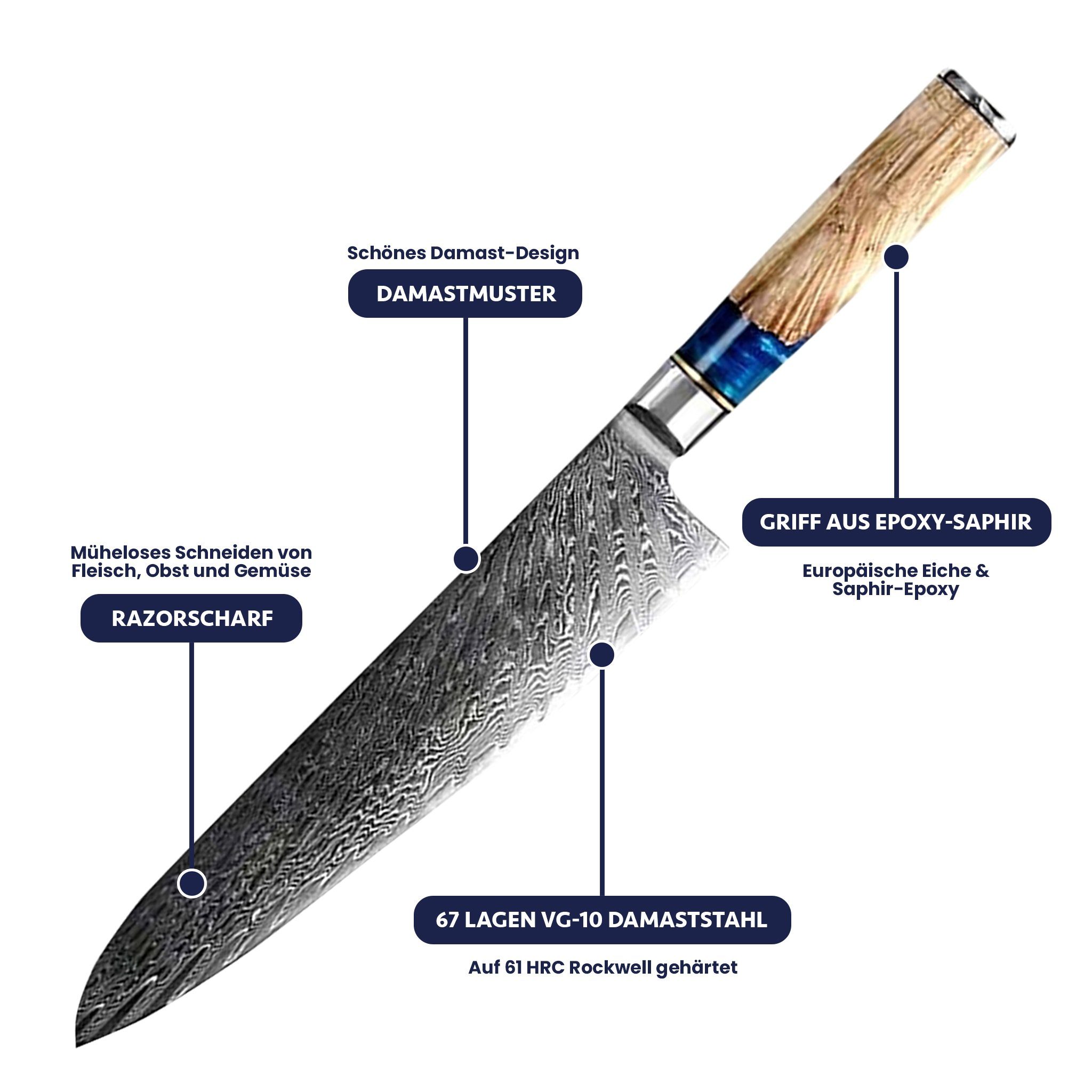 cm Damastmesser Damastmesser Epoxy-Saphir, Japan bis Kochmesser Detail - Blau Handgefertigt ins Shinrai 20