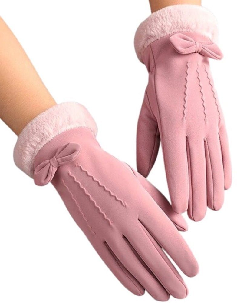 Kunstfell Frauen ROSA und für Abendhandschuhe Touchscreen Handschuhe in atmungsaktiv, warme mit Lycille Paar (1 Handschuhe) elegante geeignet
