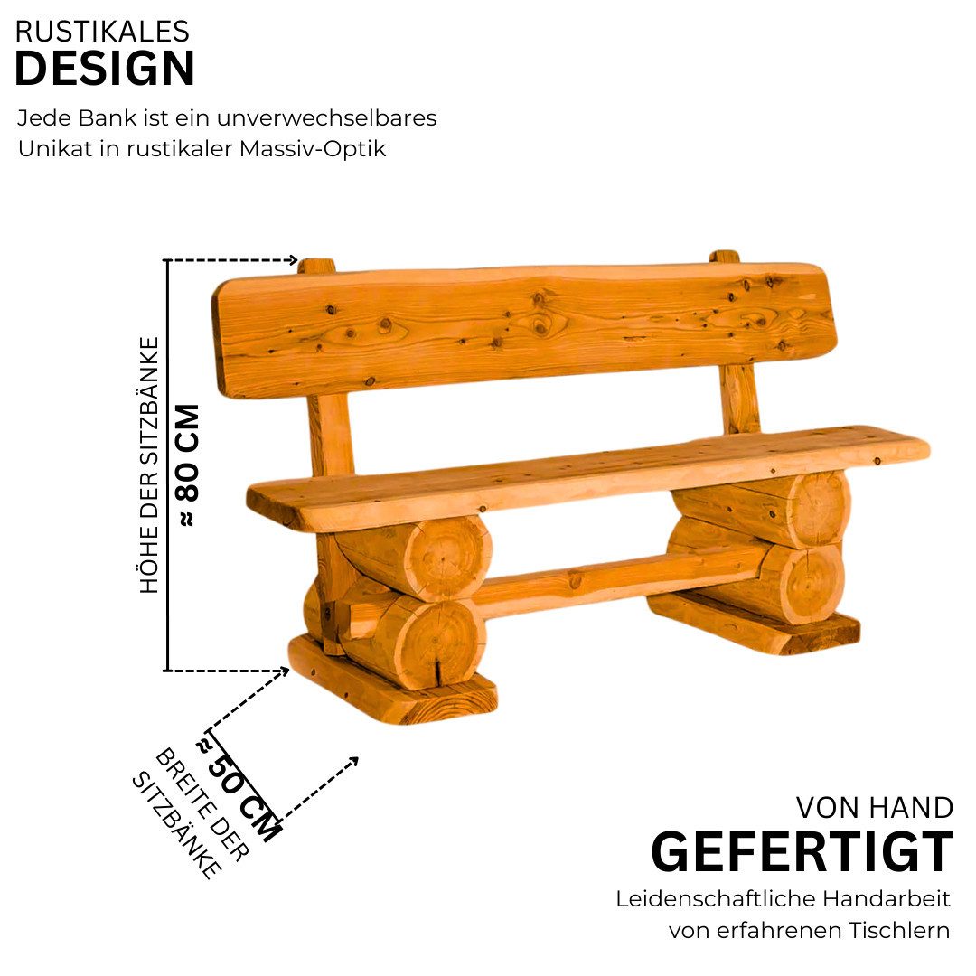 Mega-Holz Gartenbank "Rustikal" 120x50x80 cm, Sitzbank aus massiver Kiefer, Naturbelassener Holz 2-Sitzer