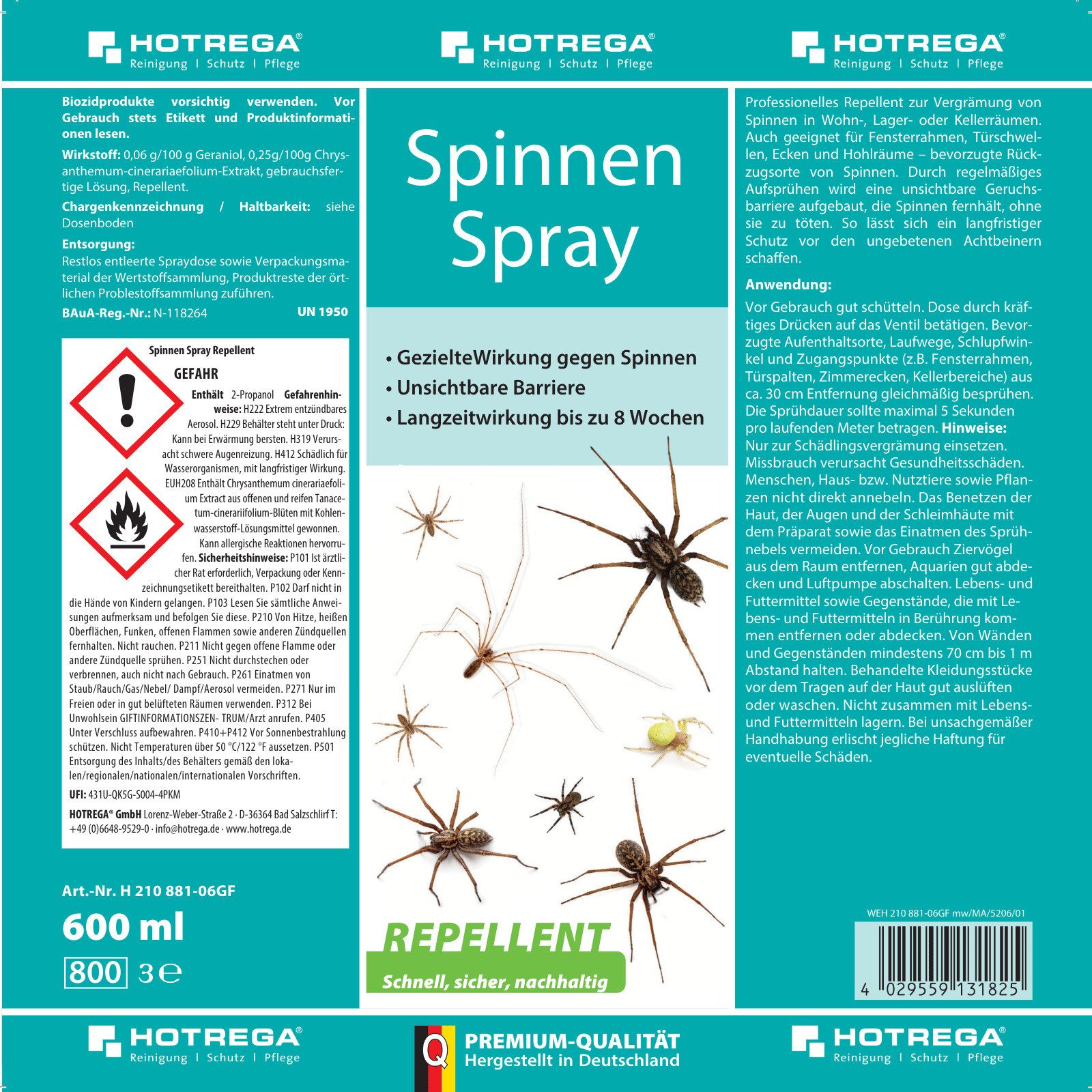 HOTREGA® Vergrämungsmittel Spinnenabwehr 600ml Spray für Haus, Keller & Lager, gebrauchsfertig, 0.6 l