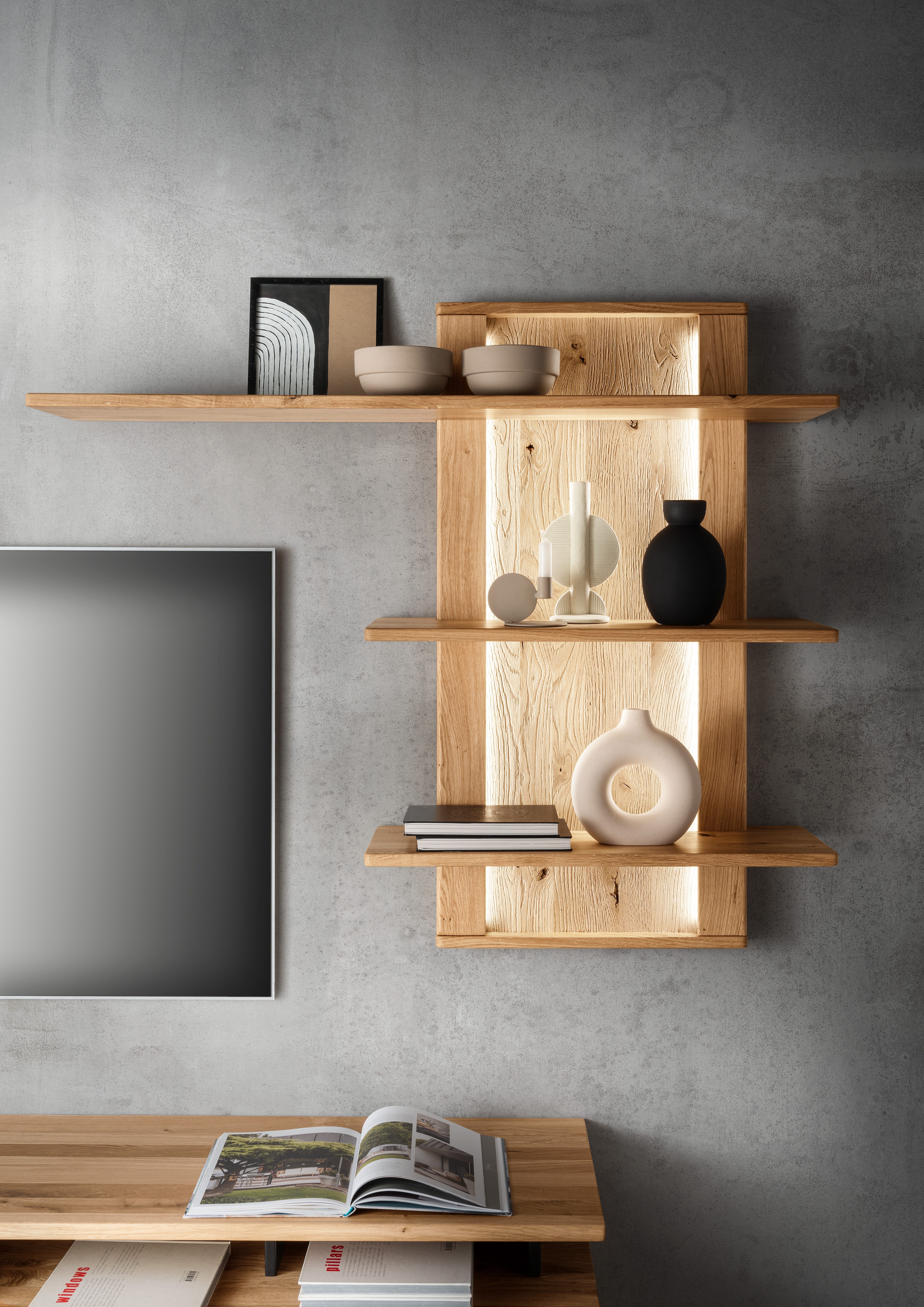 Woodroom Wandboard Zwettl, 3 Ablagen, Wildeiche massiv geölt, Hängeregal, Wandregal