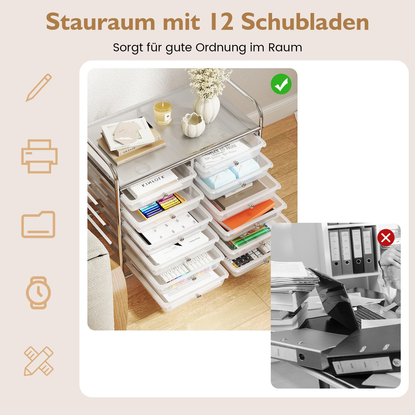 COSTWAY Rollcontainer, mit Schubladen Kunststoff, Rollwagen mit Rollen