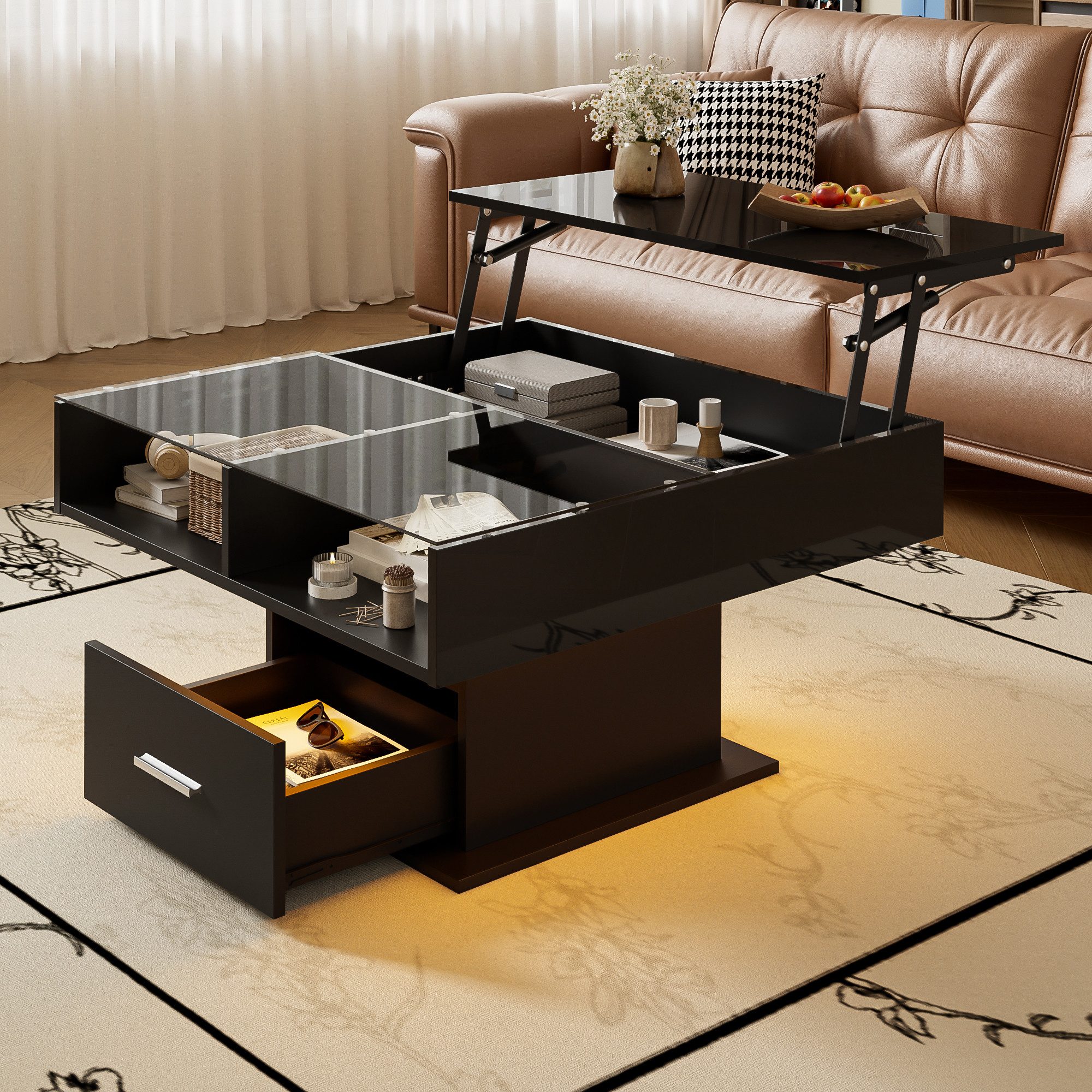 KLAM HOME Couchtisch Multifunktionaler Hochglanz-Lift-Couchtisch mit LED-Beleuchtung (verstellbarer Höhe & flexiblem Stauraum), modernes Design für Wohnzimmer, Büro & kleine Wohnungen