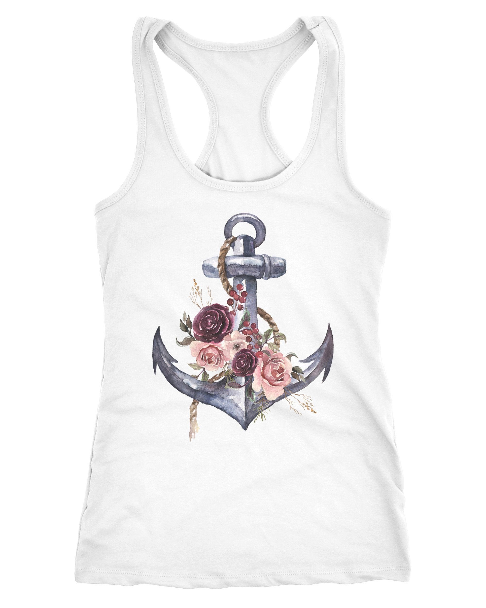 Neverless Tanktop Damen Tank-Top Anker Blumen Wasserfarben Anchor Flowers Watercolor